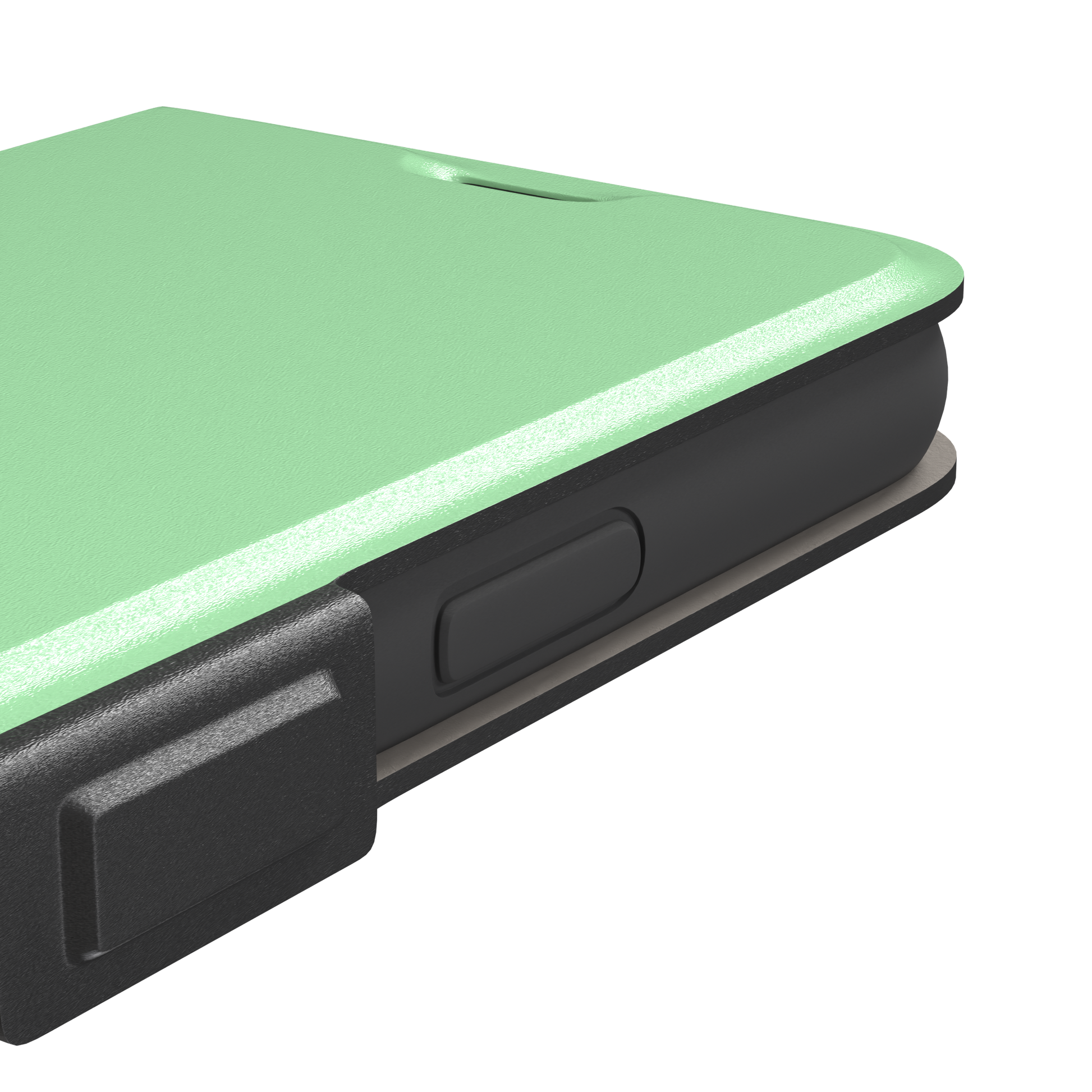 Solid soft pastel mint green color variant of the green phone case, front view on iPhone, phone case by Caselier — wallet case, volume buttons detail