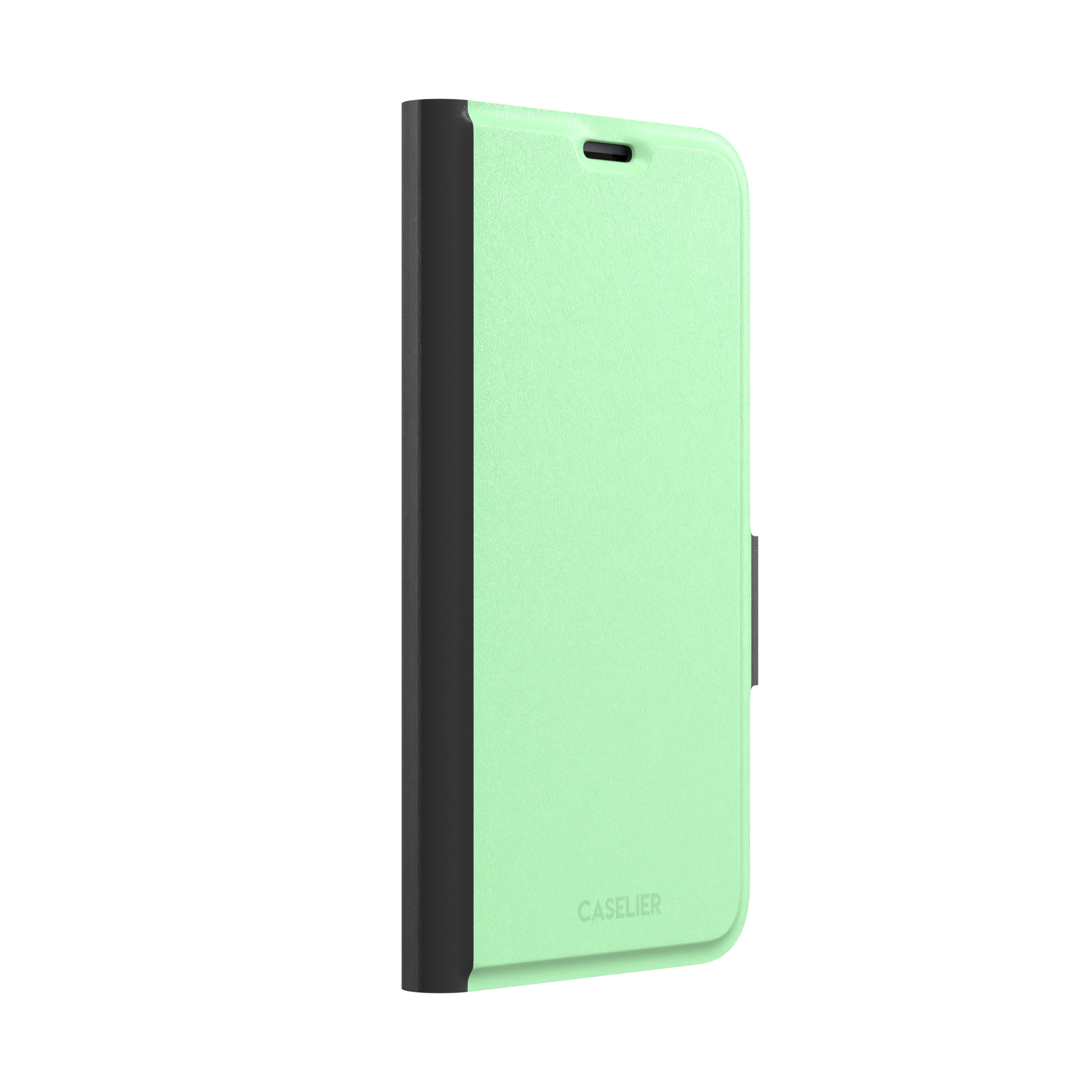 Solid soft pastel mint green color variant of the green phone case, front view on iPhone, phone case by Caselier — wallet case, left view