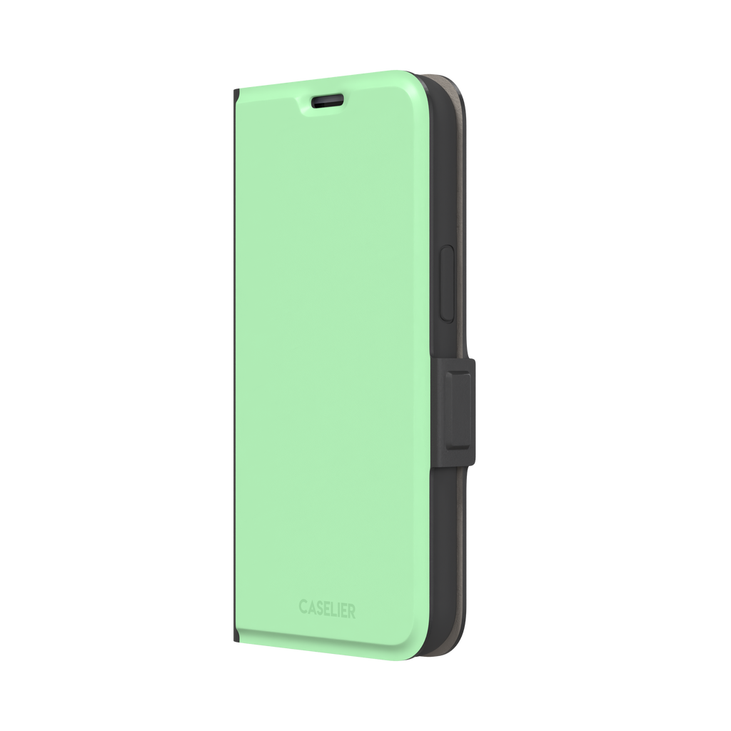 Solid soft pastel mint green color variant of the green phone case, front view on iPhone, phone case by Caselier — wallet case, right view