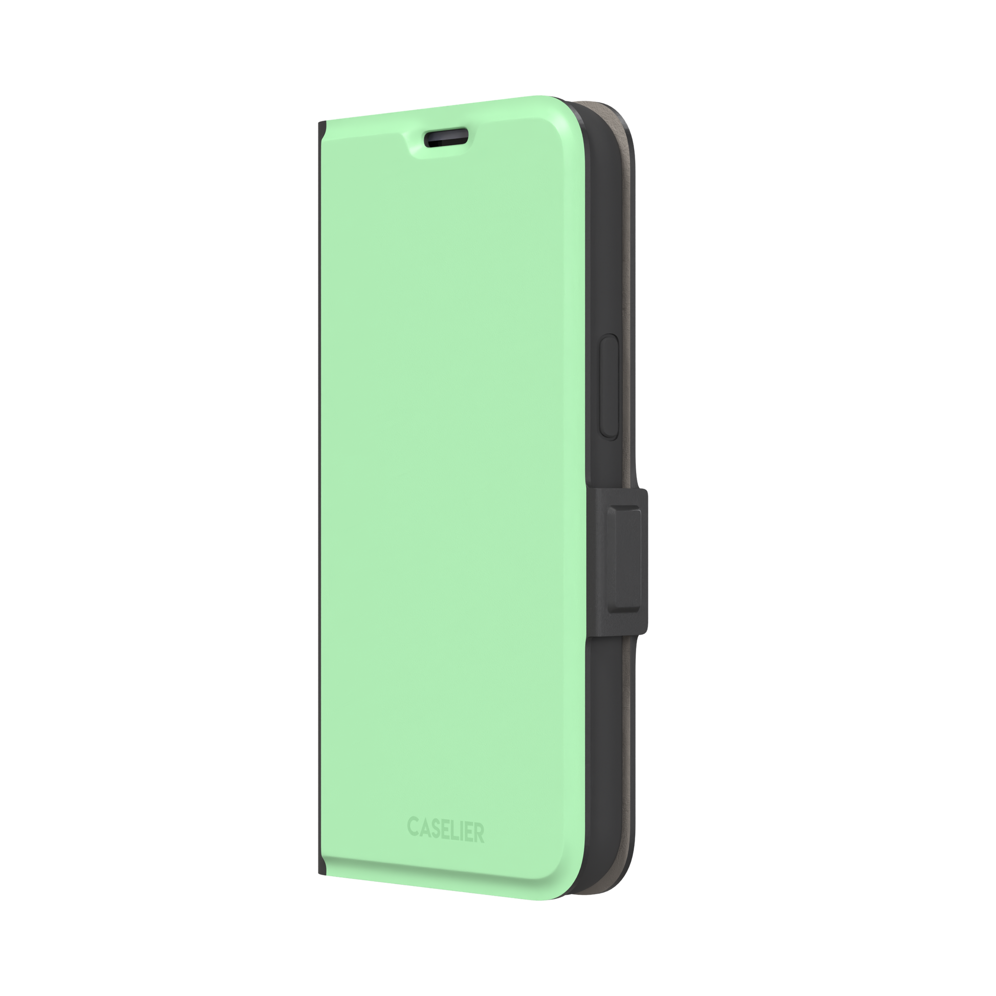 Solid soft pastel mint green color variant of the green phone case, front view on iPhone, phone case by Caselier — wallet case, right view