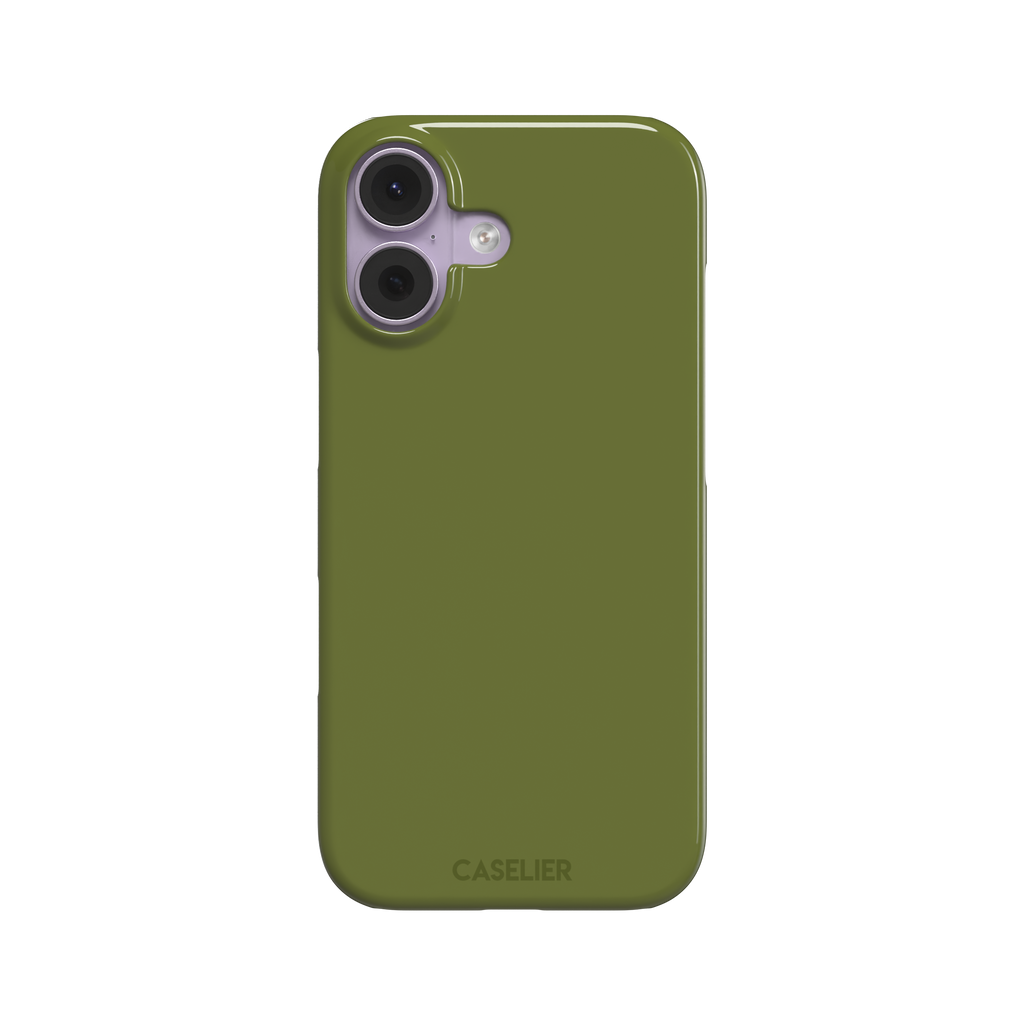 Solid olive green color variant of the green phone case, front view on iPhone, phone case by Caselier — snap case, front view
