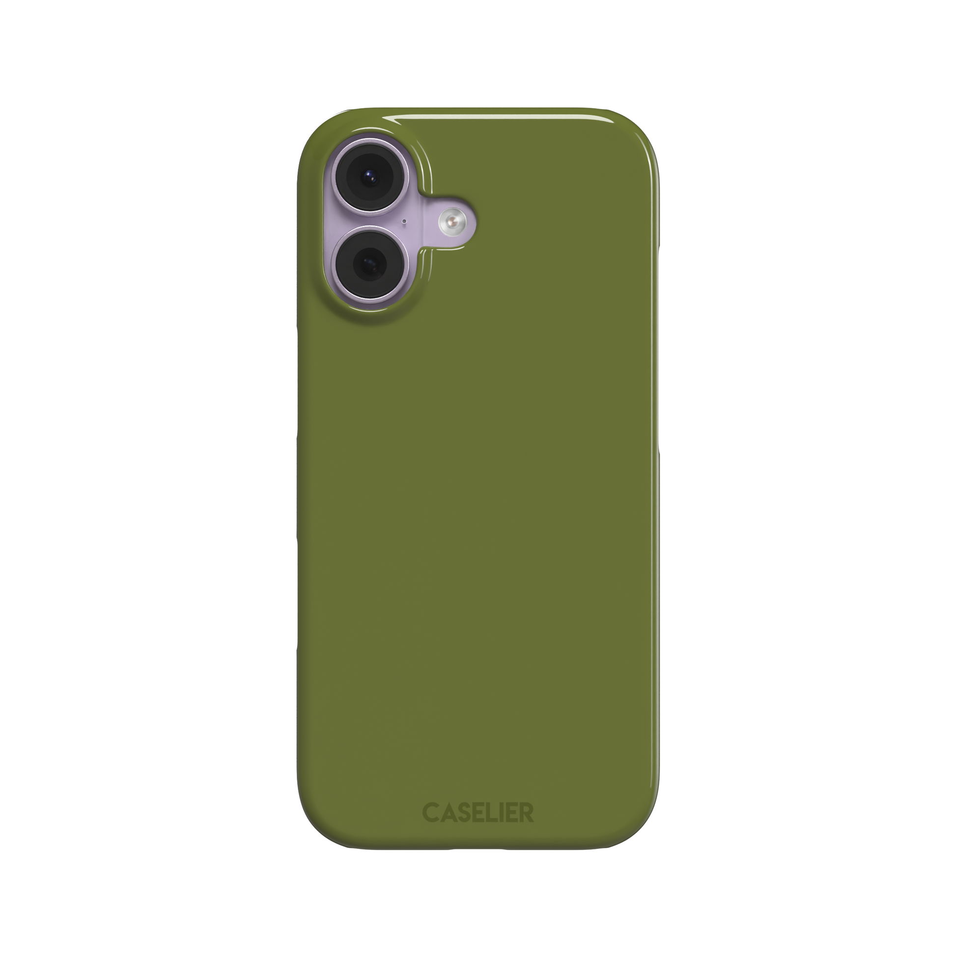 Solid olive green color variant of the green phone case, front view on iPhone, phone case by Caselier — snap case, front view