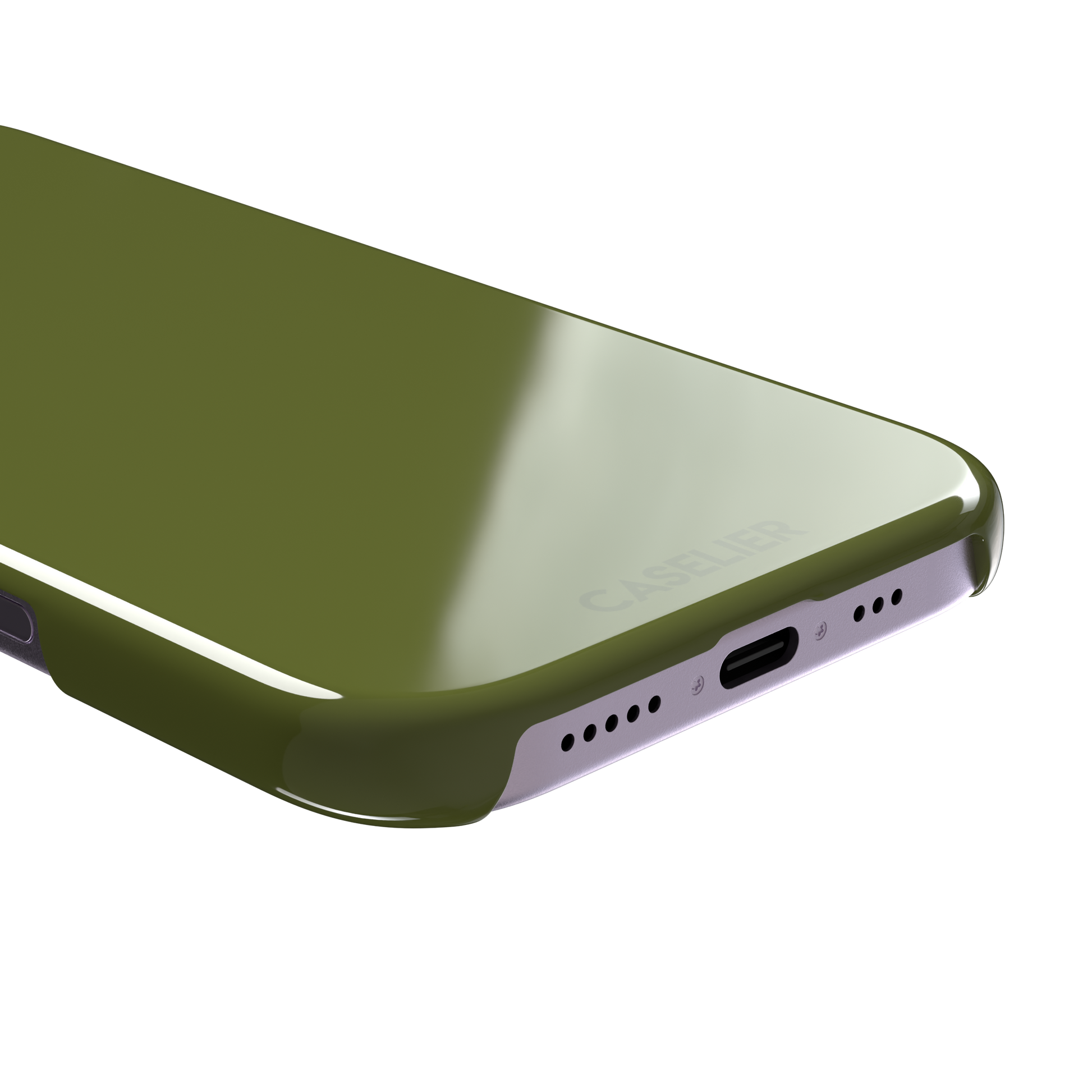 Solid olive green color variant of the green phone case, front view on iPhone, phone case by Caselier — snap case, charging port detail