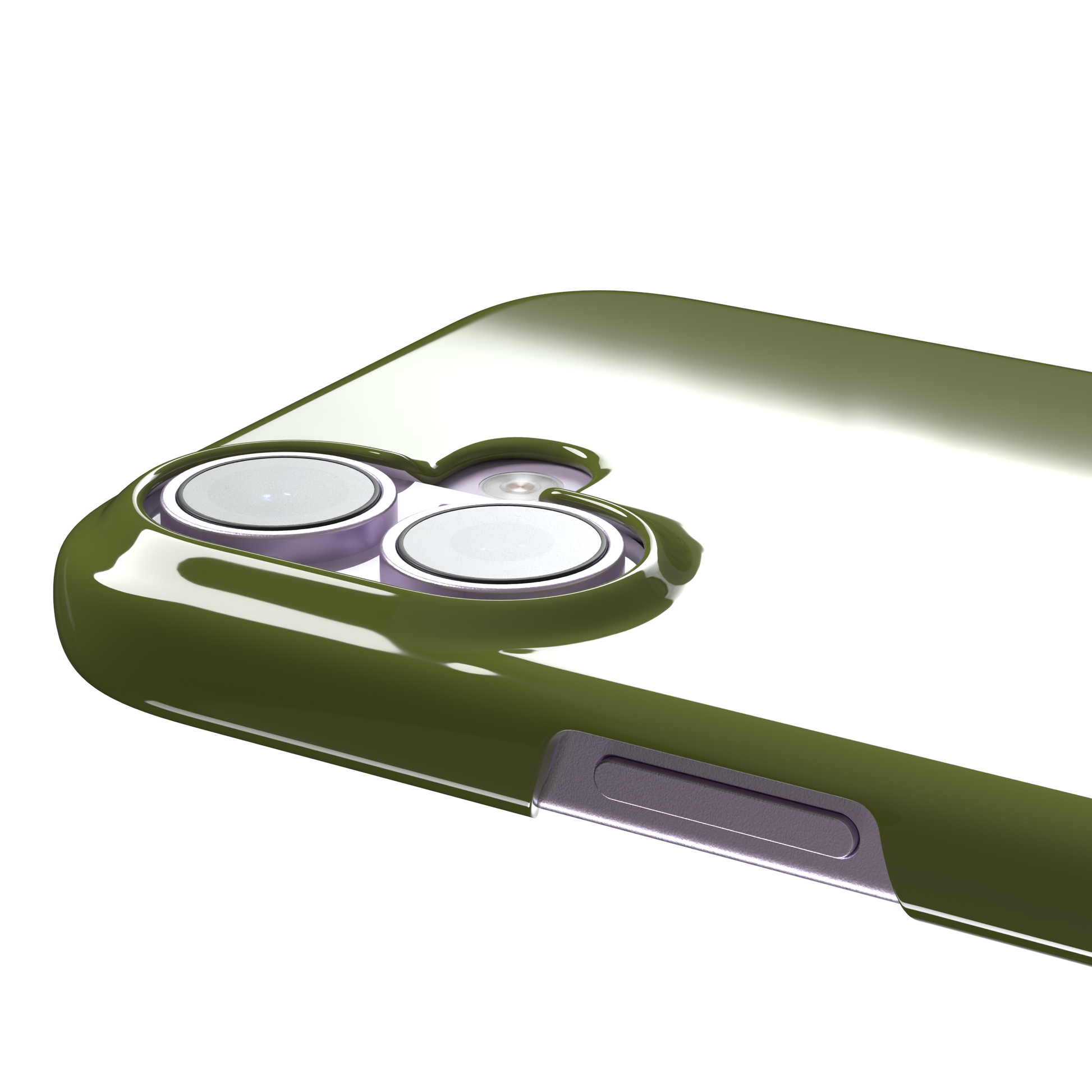 Solid olive green color variant of the green phone case, front view on iPhone, phone case by Caselier — snap case, volume buttons detail