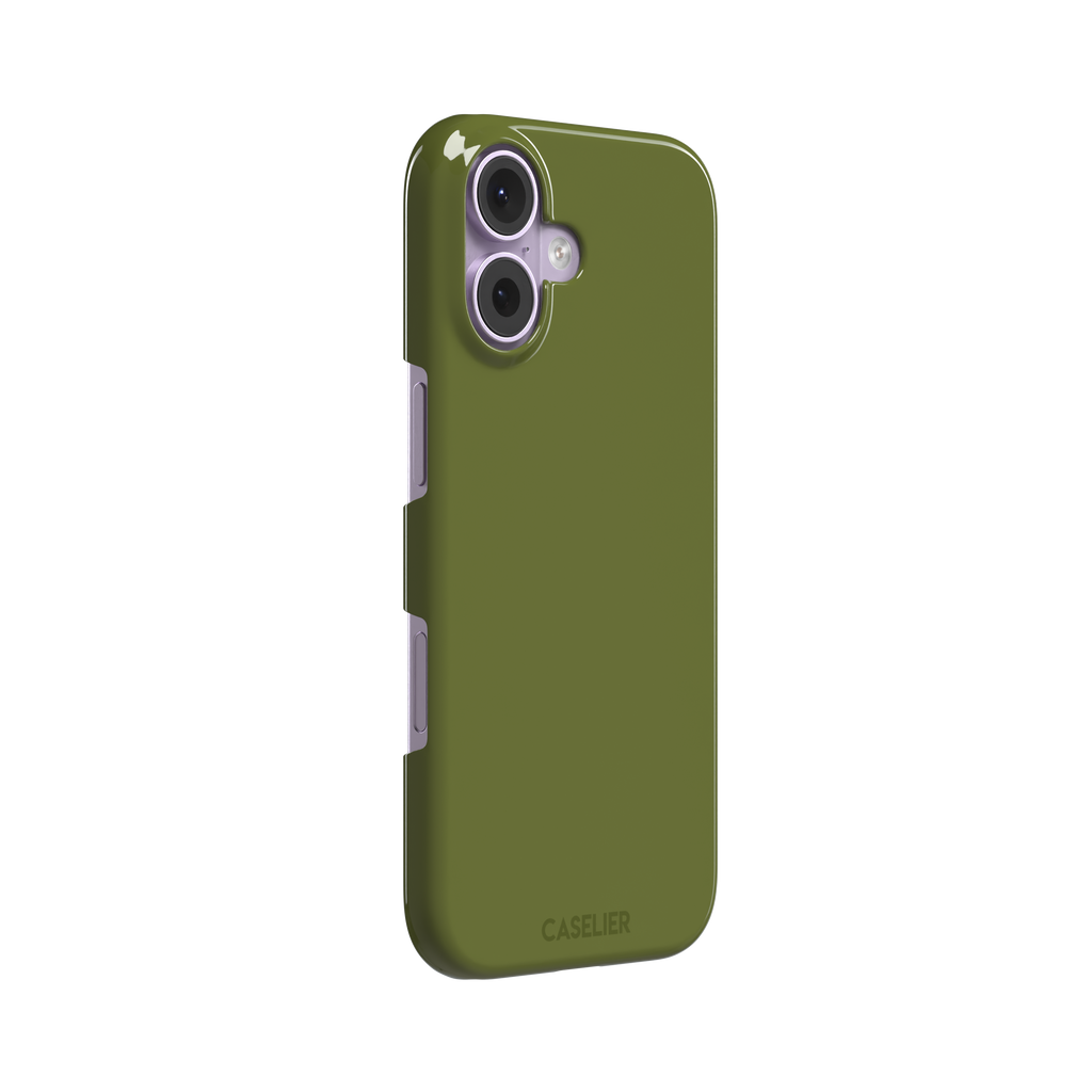 Solid olive green color variant of the green phone case, front view on iPhone, phone case by Caselier — snap case, left view
