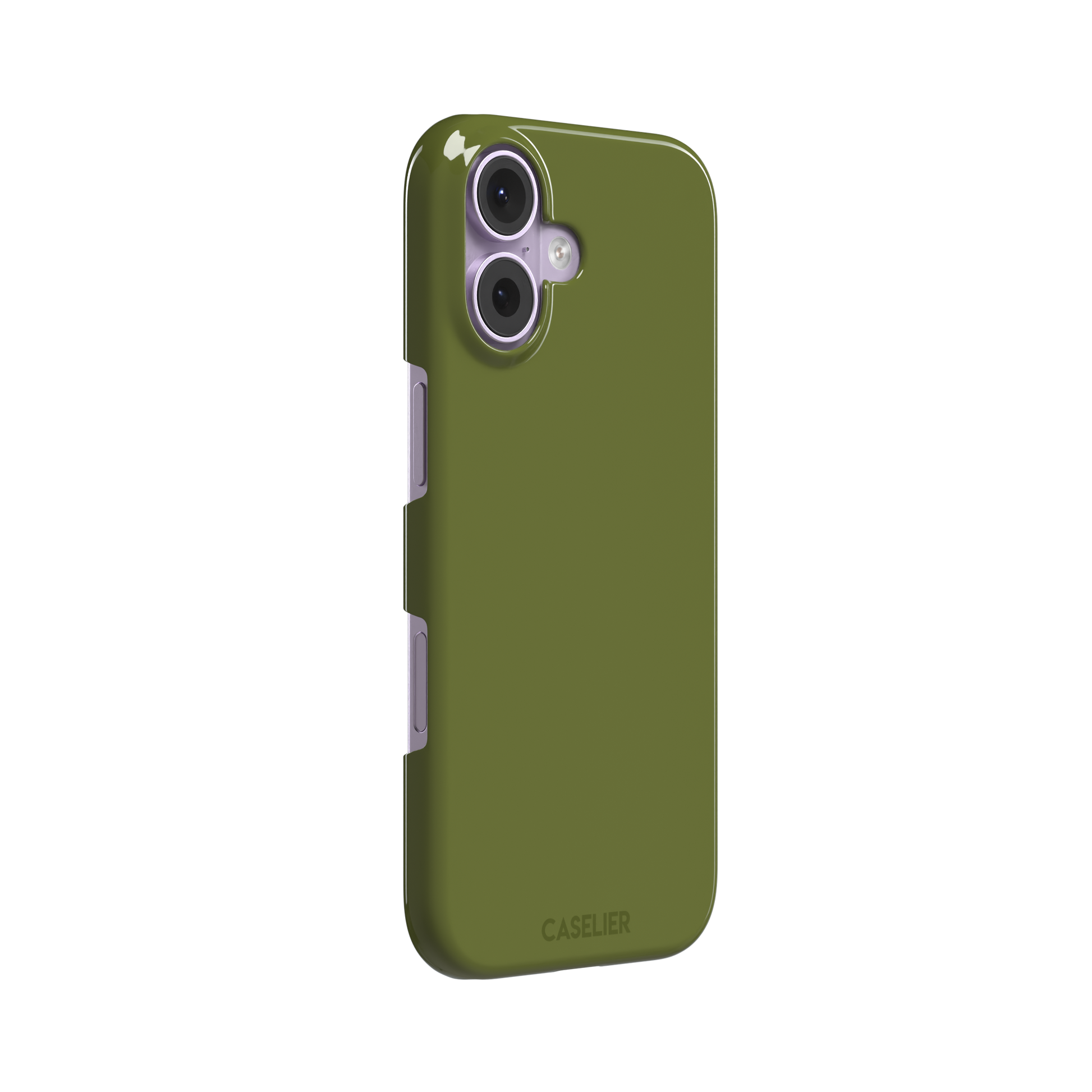 Solid olive green color variant of the green phone case, front view on iPhone, phone case by Caselier — snap case, left view