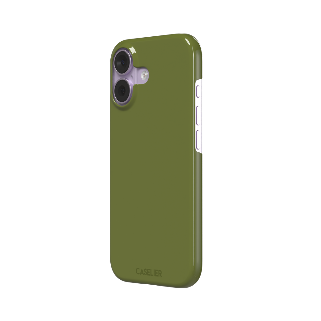Solid olive green color variant of the green phone case, front view on iPhone, phone case by Caselier — snap case, right view