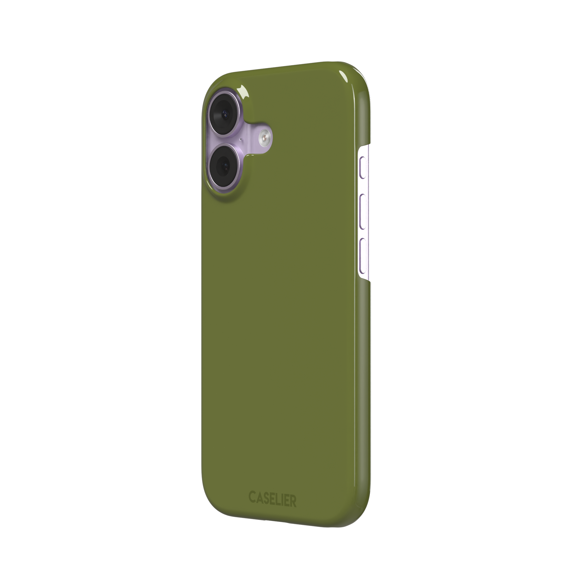 Solid olive green color variant of the green phone case, front view on iPhone, phone case by Caselier — snap case, right view