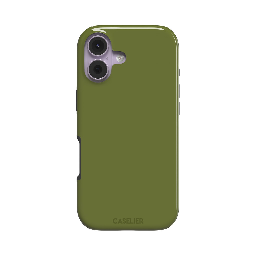 Solid olive green color variant of the green phone case, front view on iPhone, phone case by Caselier — tough case, front view