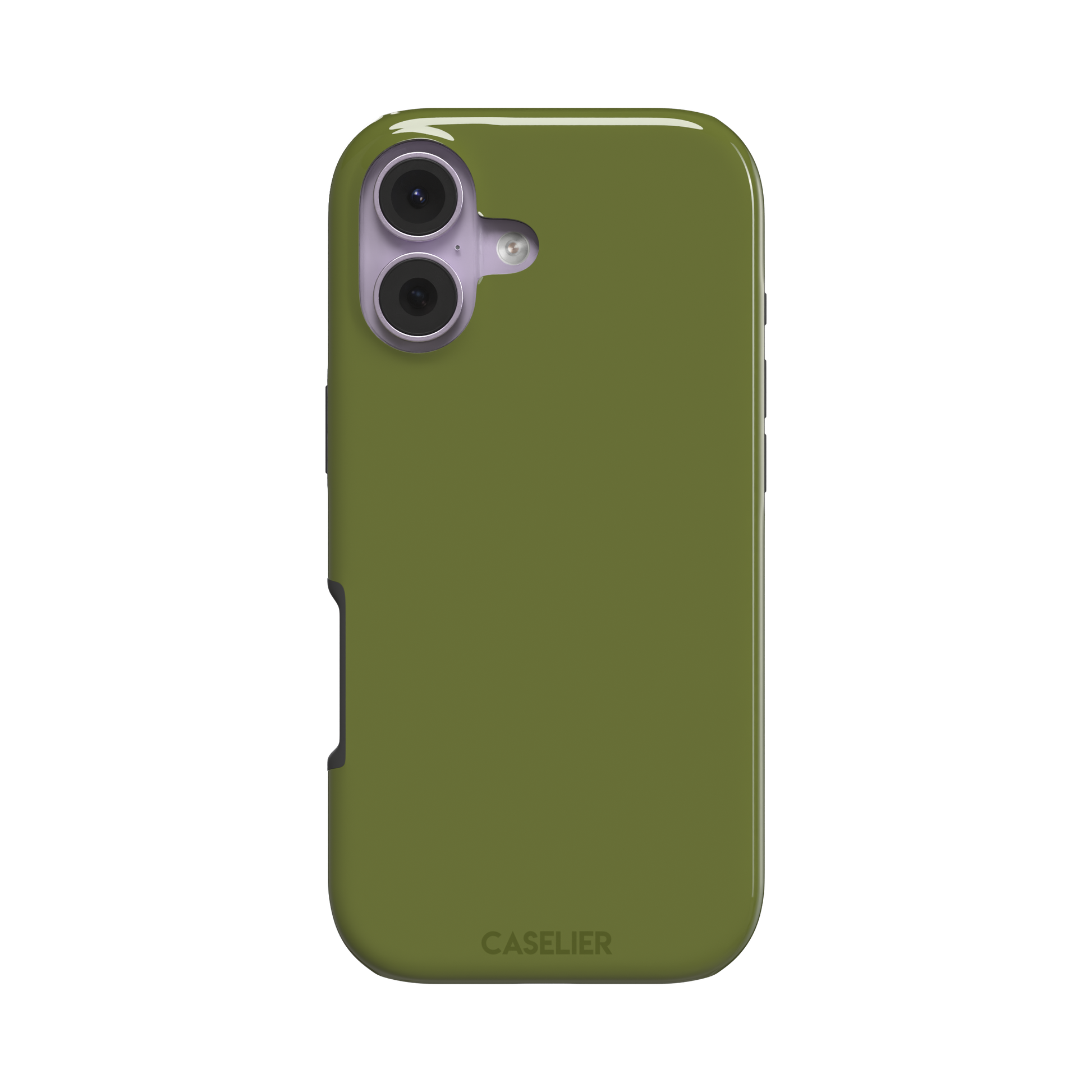 Solid olive green color variant of the green phone case, front view on iPhone, phone case by Caselier — tough case, front view