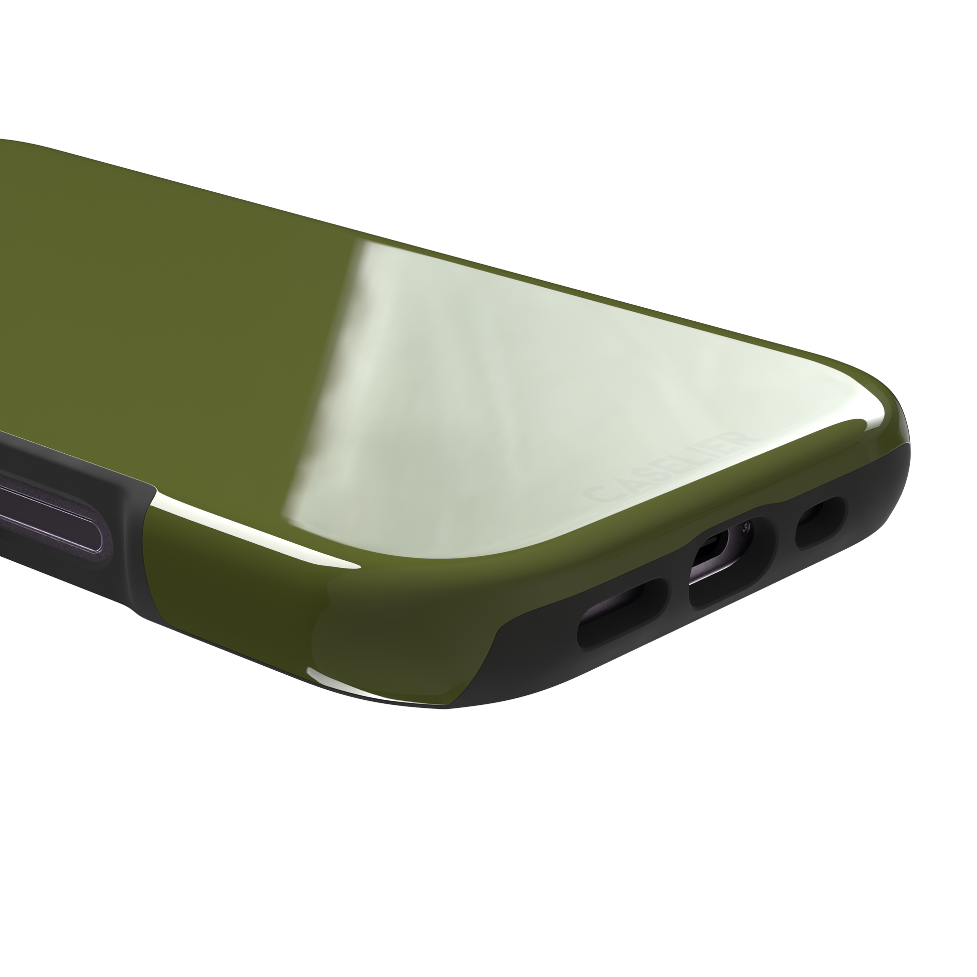 Solid olive green color variant of the green phone case, front view on iPhone, phone case by Caselier — tough case, charging port detail