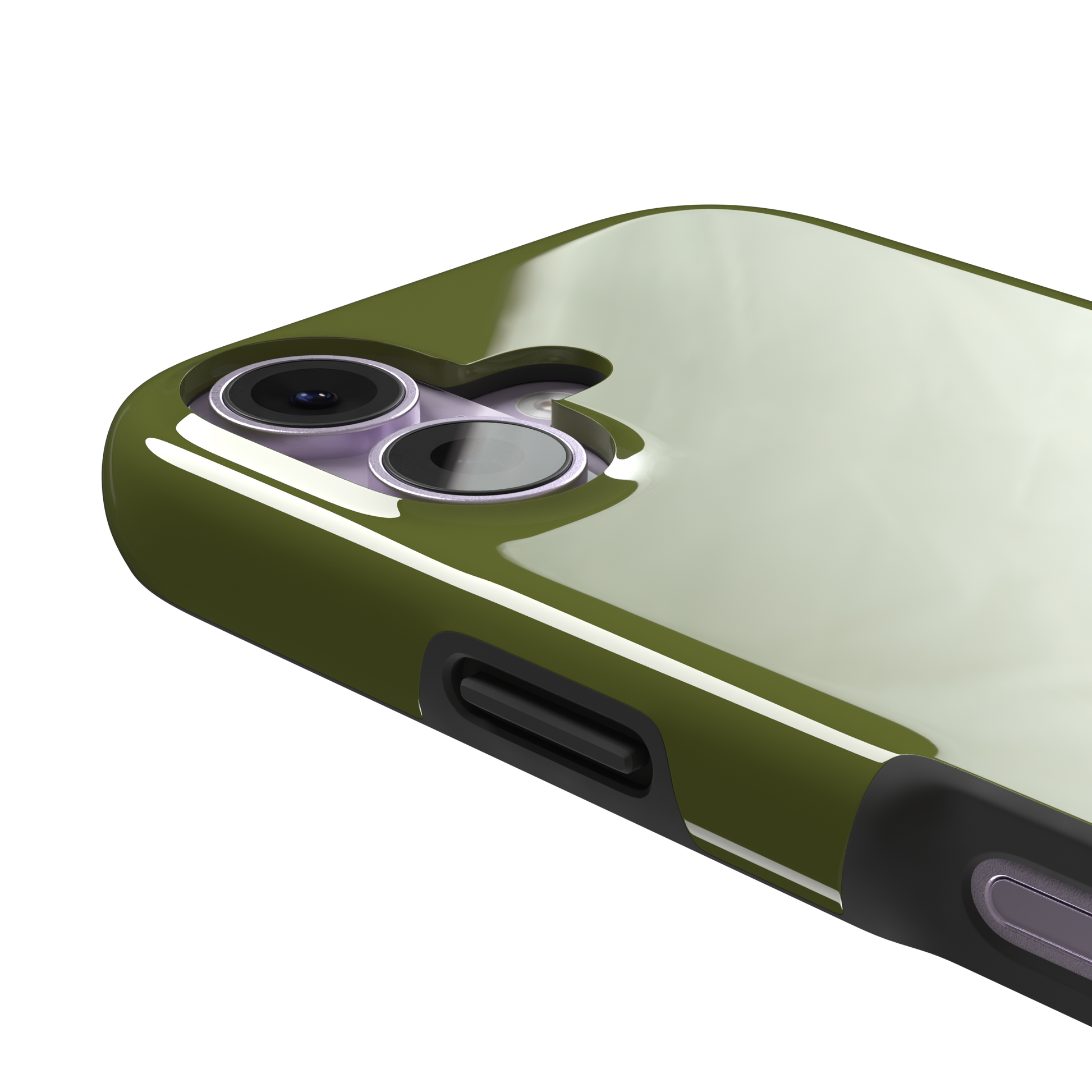 Solid olive green color variant of the green phone case, front view on iPhone, phone case by Caselier — tough case, volume buttons detail
