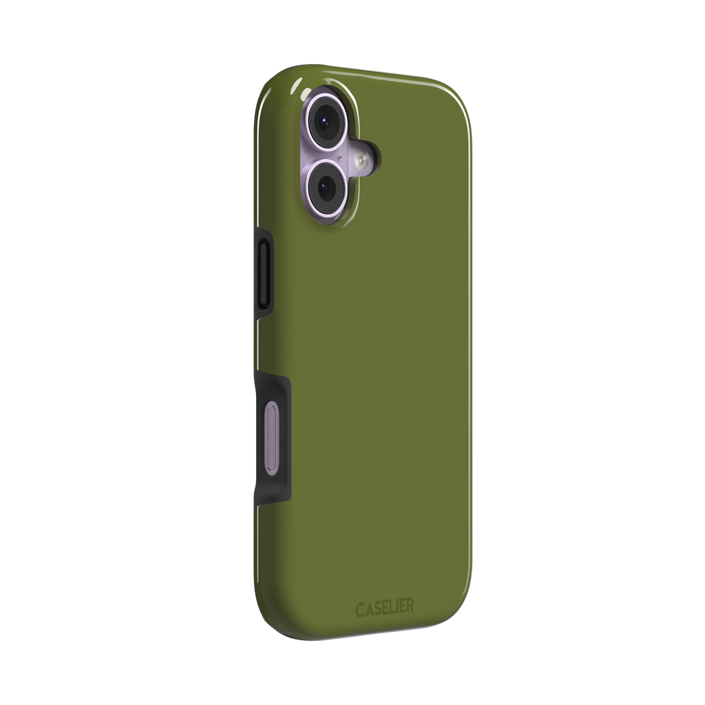 Solid olive green color variant of the green phone case, front view on iPhone, phone case by Caselier — tough case, left view