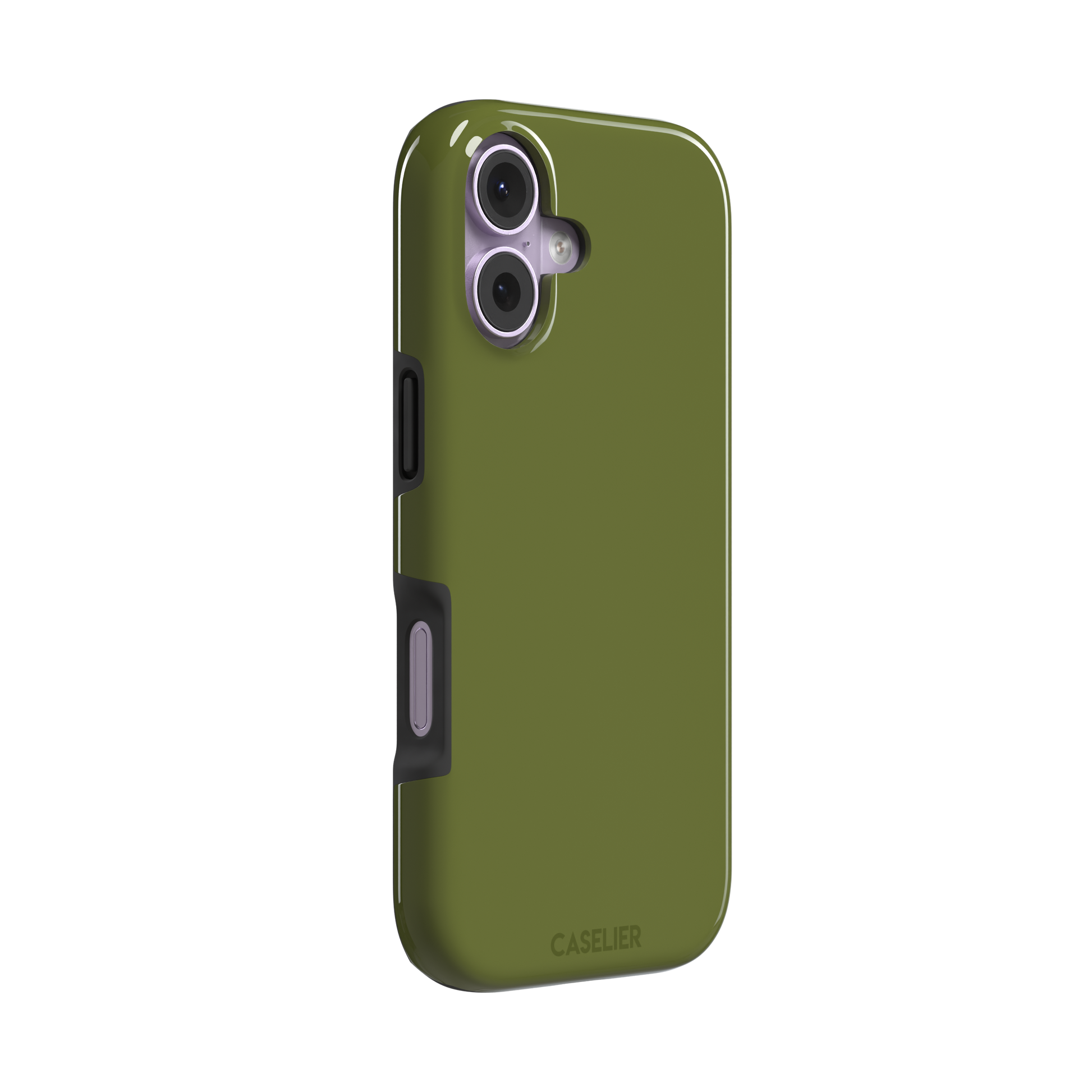 Solid olive green color variant of the green phone case, front view on iPhone, phone case by Caselier — tough case, left view