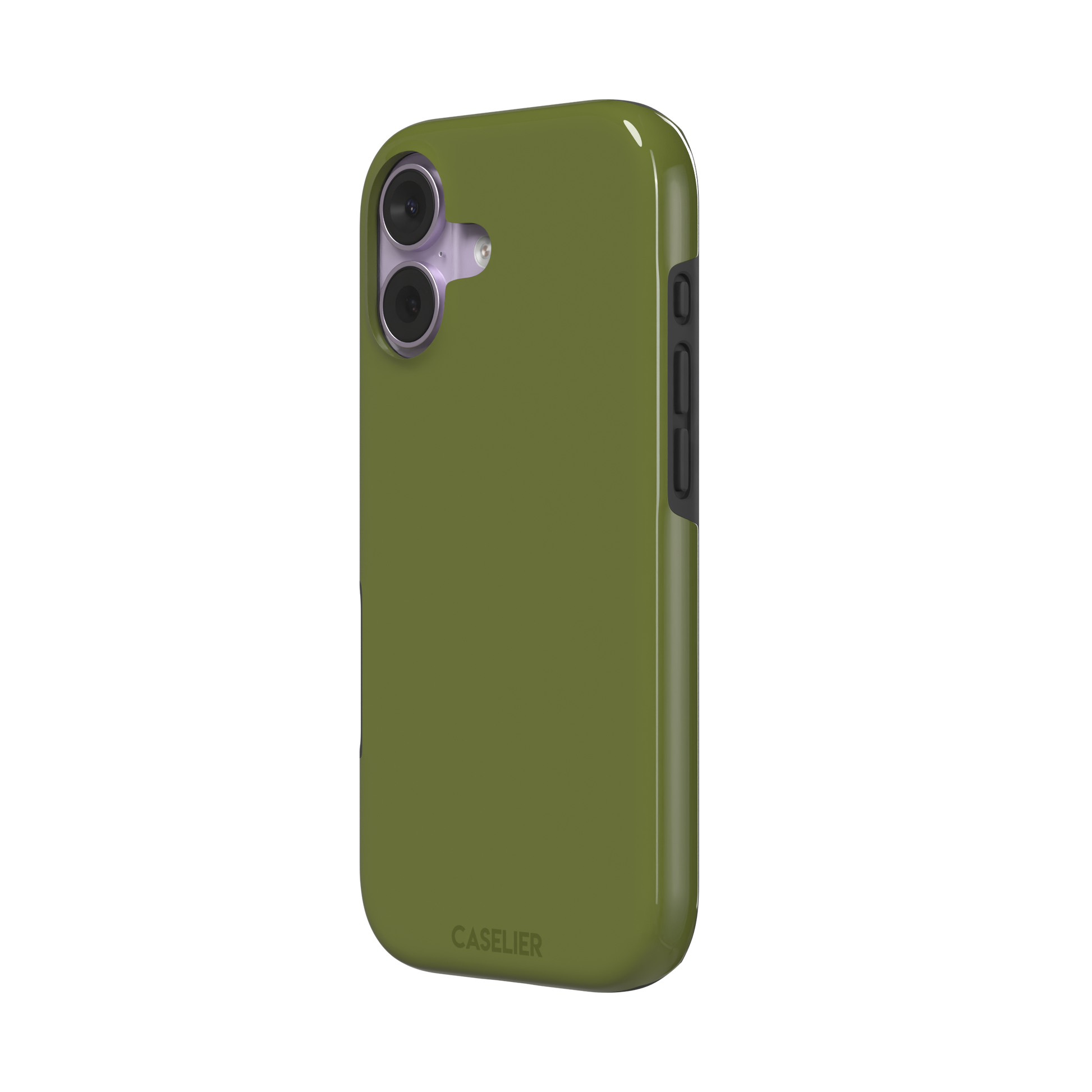 Solid olive green color variant of the green phone case, front view on iPhone, phone case by Caselier — tough case, right view