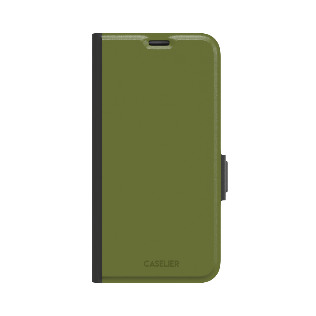 Solid olive green color variant of the green phone case, front view on iPhone, phone case by Caselier — wallet case, front view