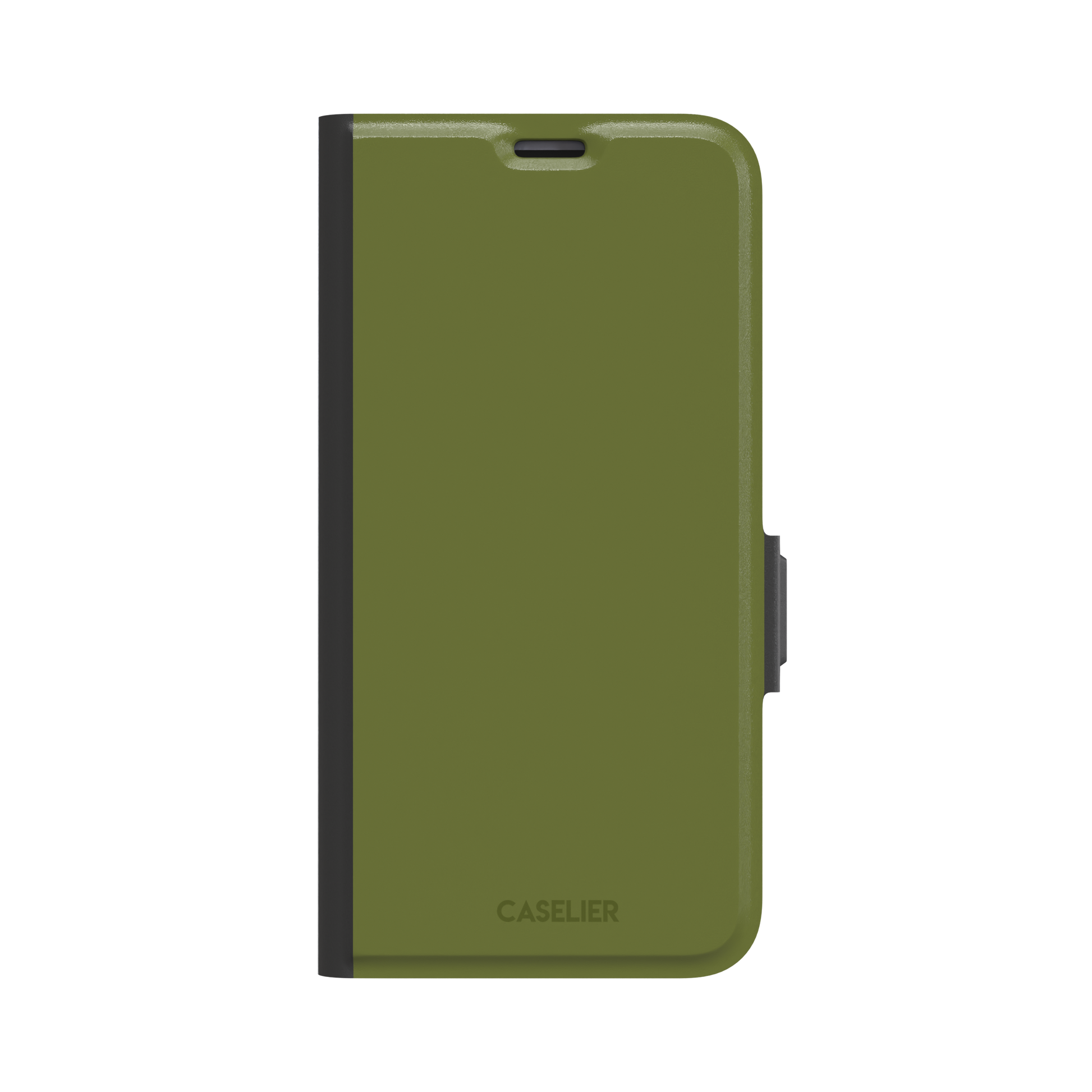 Solid olive green color variant of the green phone case, front view on iPhone, phone case by Caselier — wallet case, front view