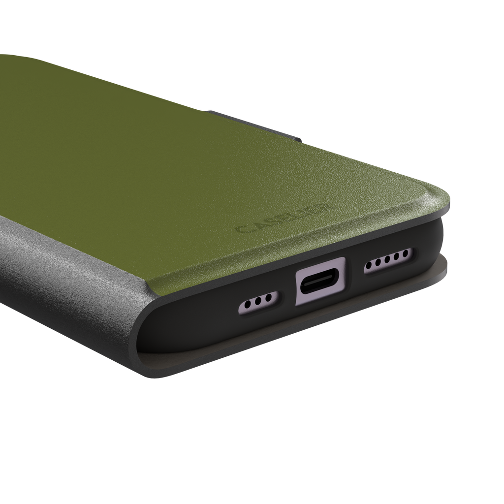 Solid olive green color variant of the green phone case, front view on iPhone, phone case by Caselier — wallet case, charging port detail