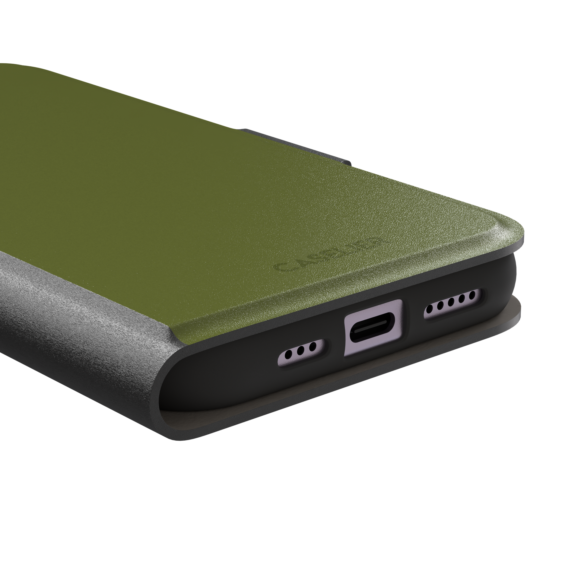 Solid olive green color variant of the green phone case, front view on iPhone, phone case by Caselier — wallet case, charging port detail