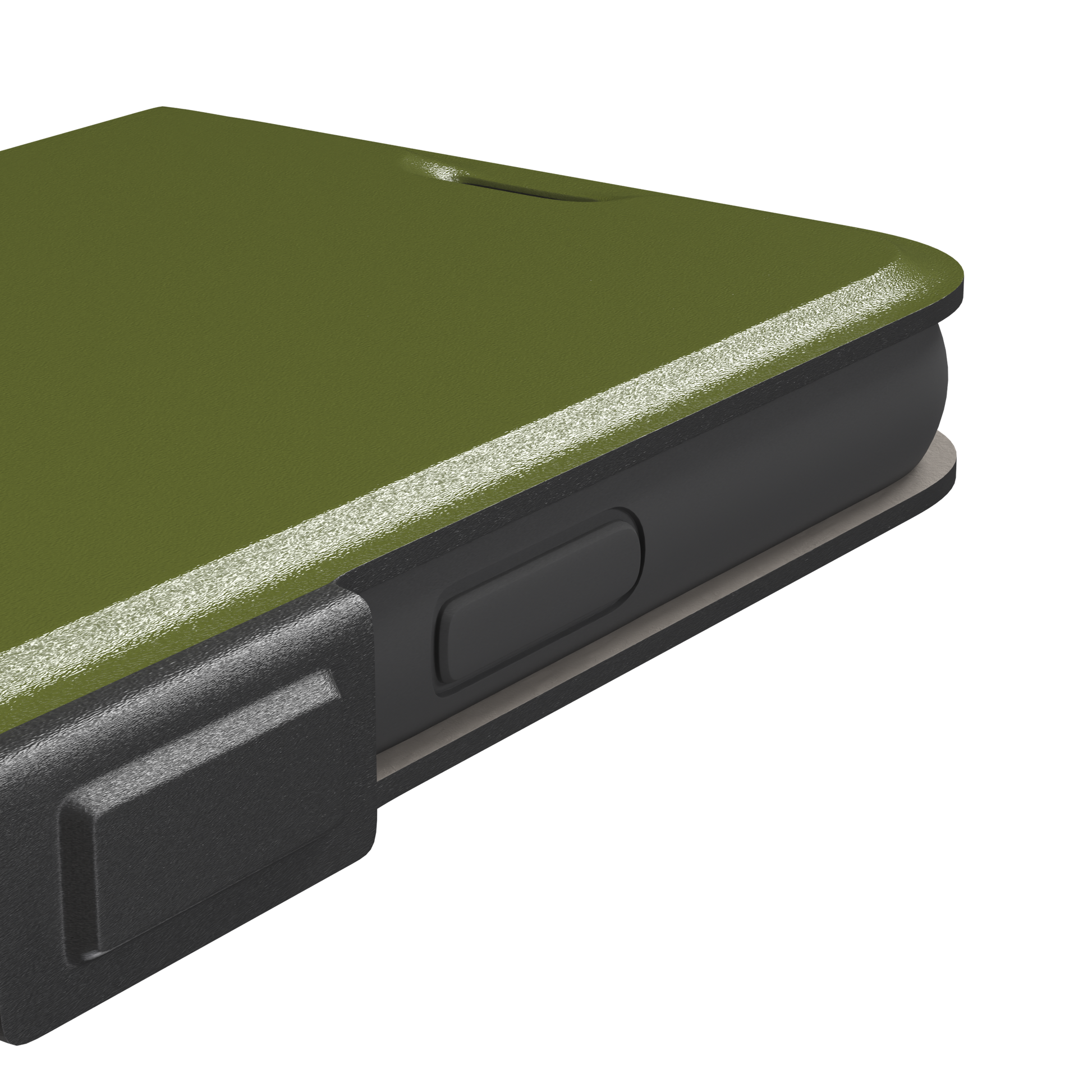 Solid olive green color variant of the green phone case, front view on iPhone, phone case by Caselier — wallet case, volume buttons detail