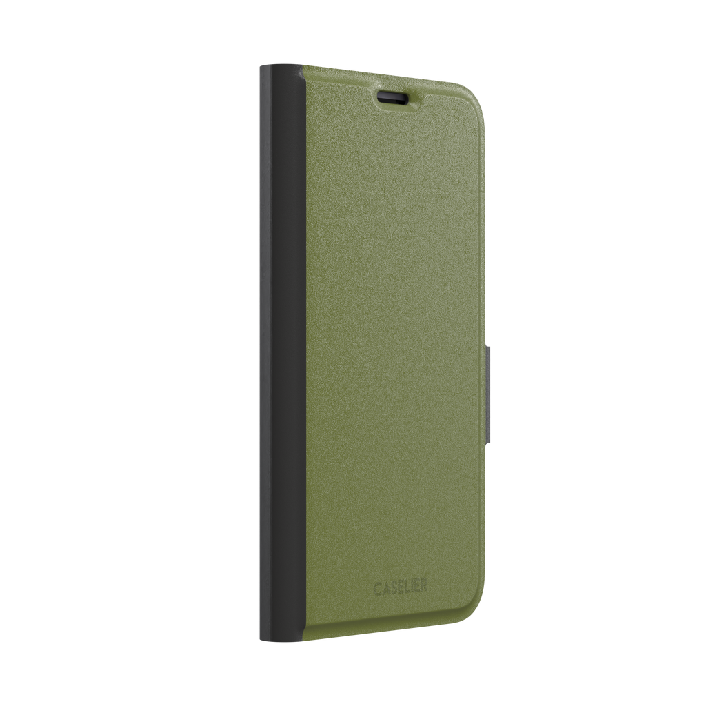 Solid olive green color variant of the green phone case, front view on iPhone, phone case by Caselier — wallet case, left view
