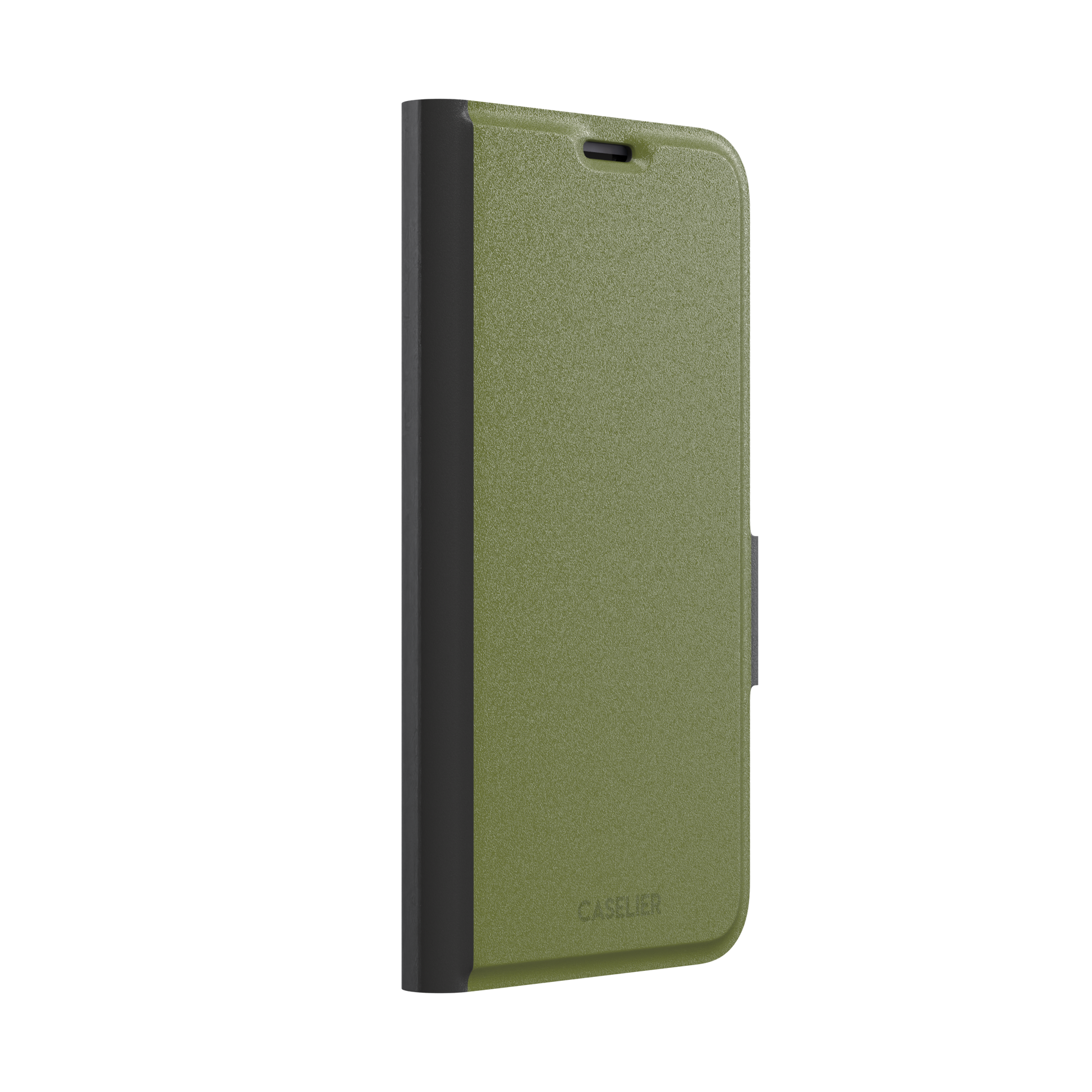 Solid olive green color variant of the green phone case, front view on iPhone, phone case by Caselier — wallet case, left view
