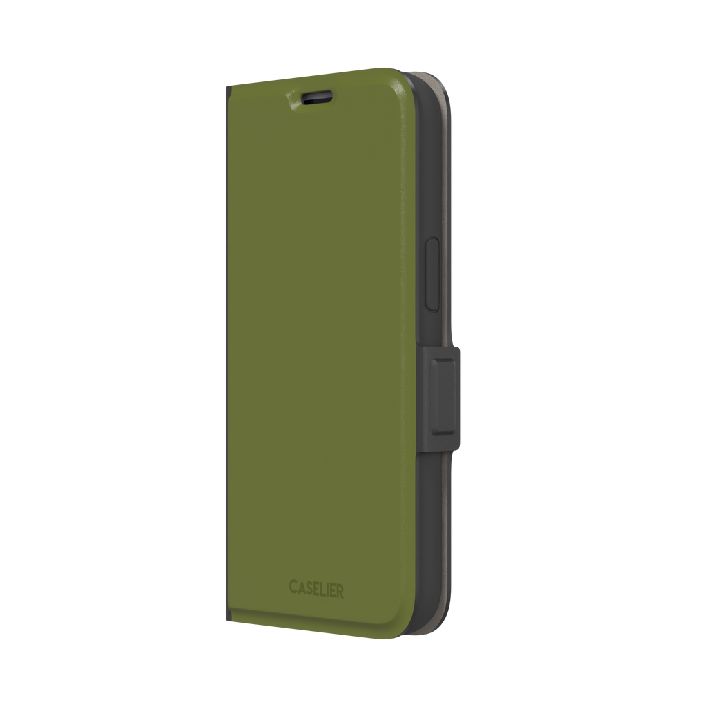 Solid olive green color variant of the green phone case, front view on iPhone, phone case by Caselier — wallet case, right view