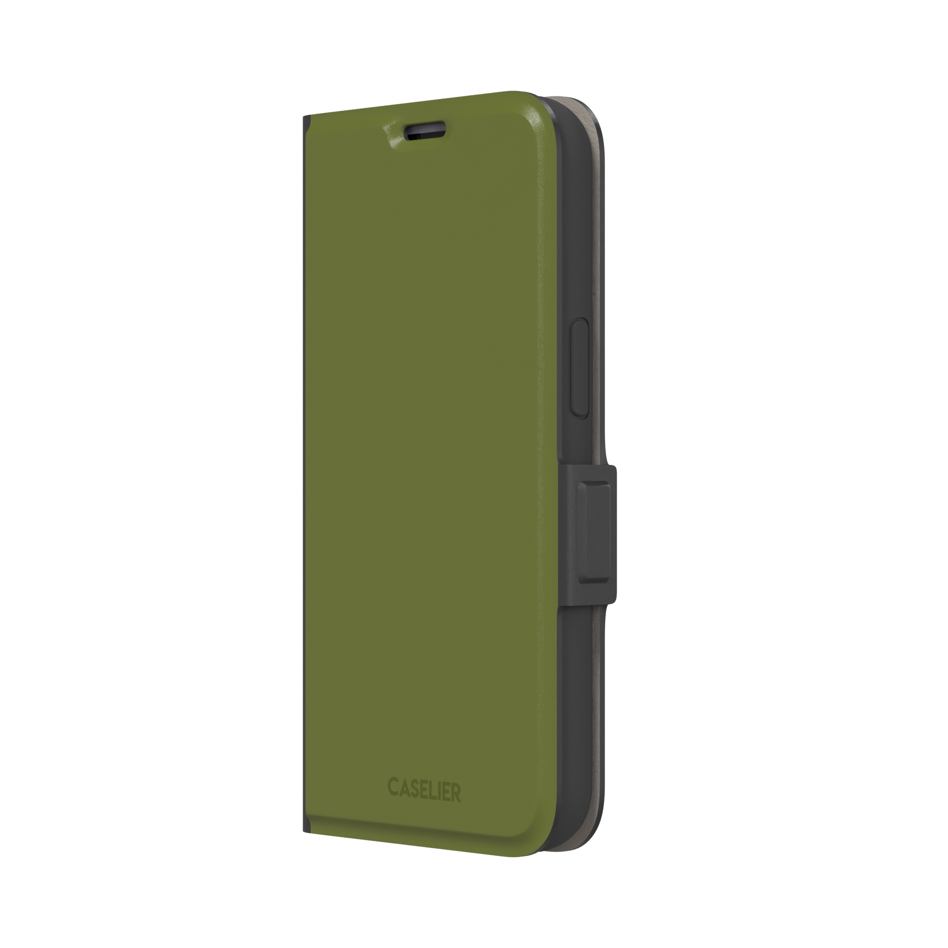 Solid olive green color variant of the green phone case, front view on iPhone, phone case by Caselier — wallet case, right view