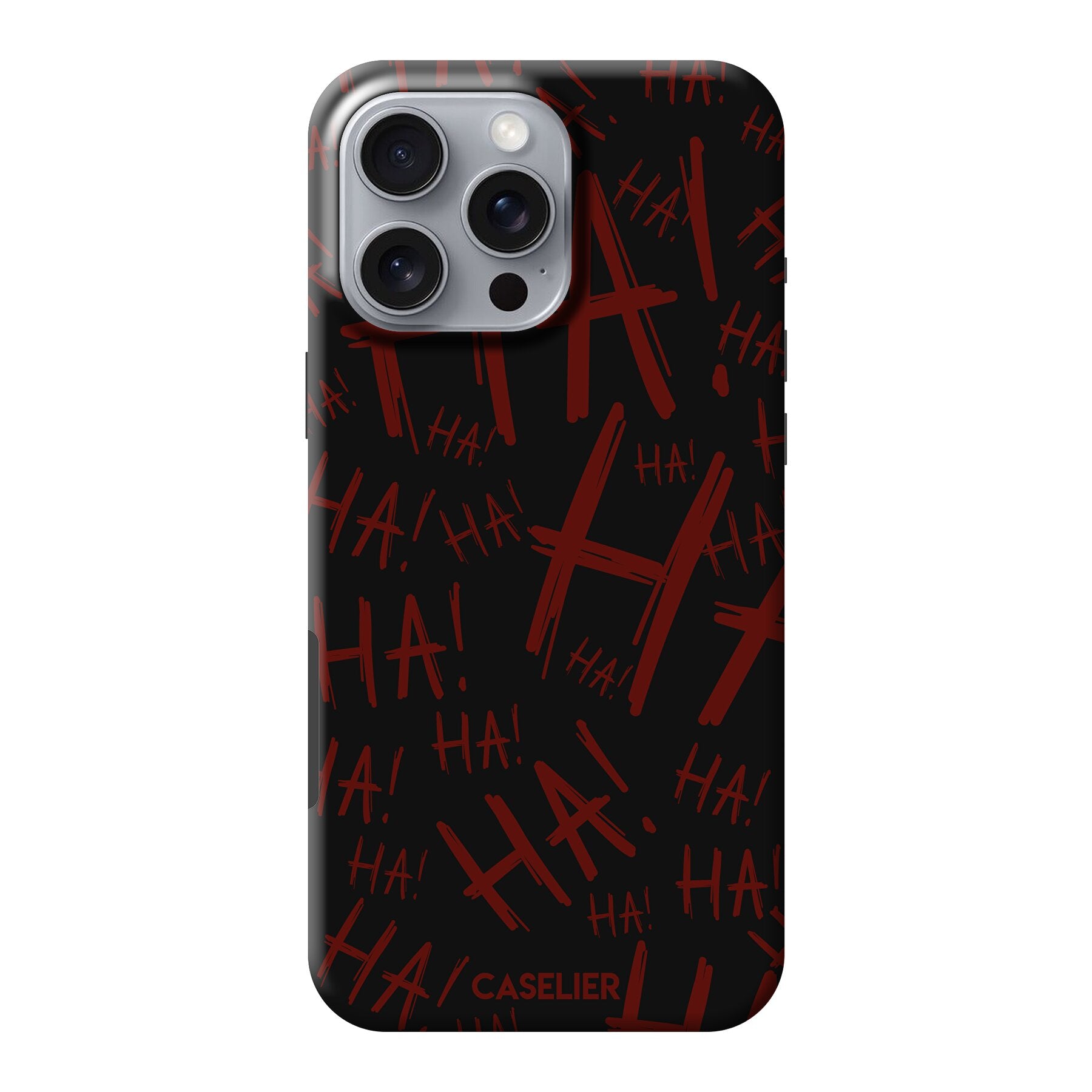 Phone case with red 'HAHA!' text and Caselier branding on a black background