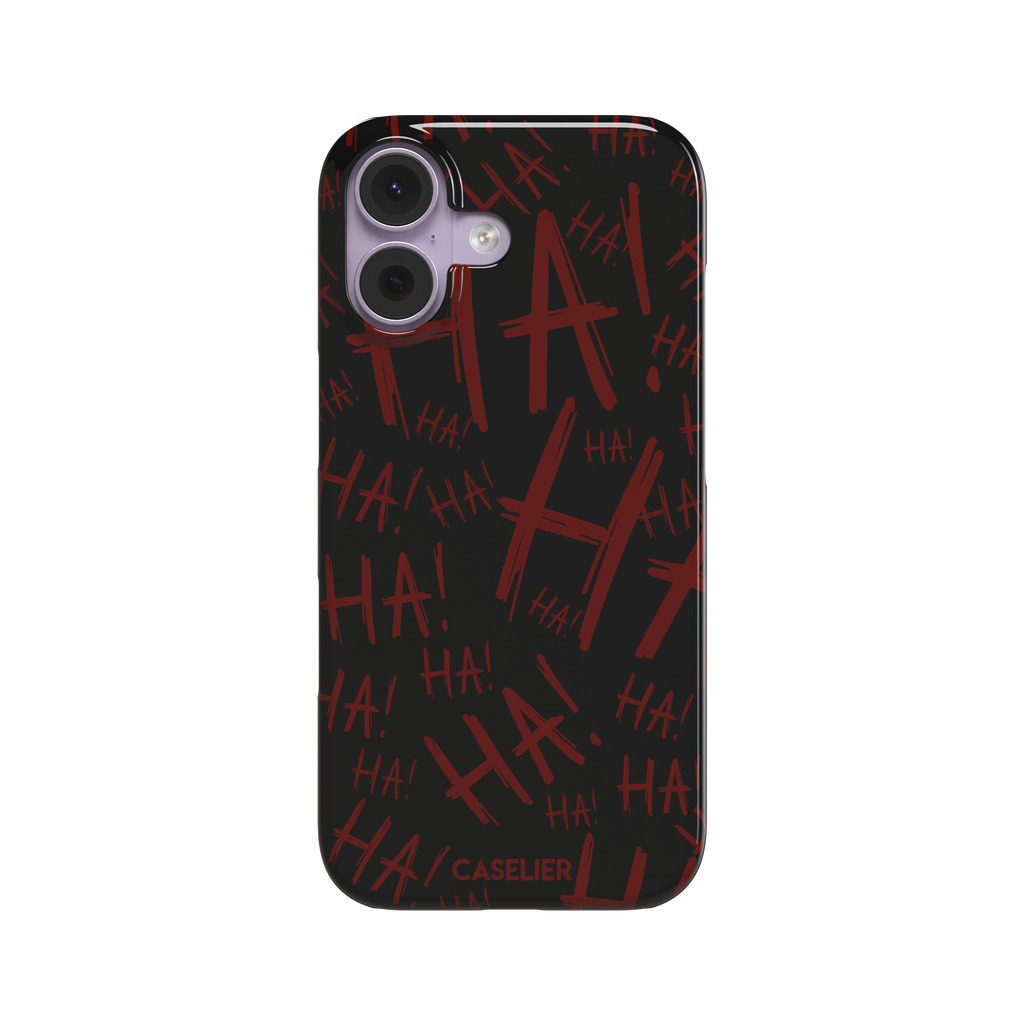 Black phone case covered in chaotic dark-red brushstroke HA! lettering in a horror villain style, phone case by Caselier — snap case, front view
