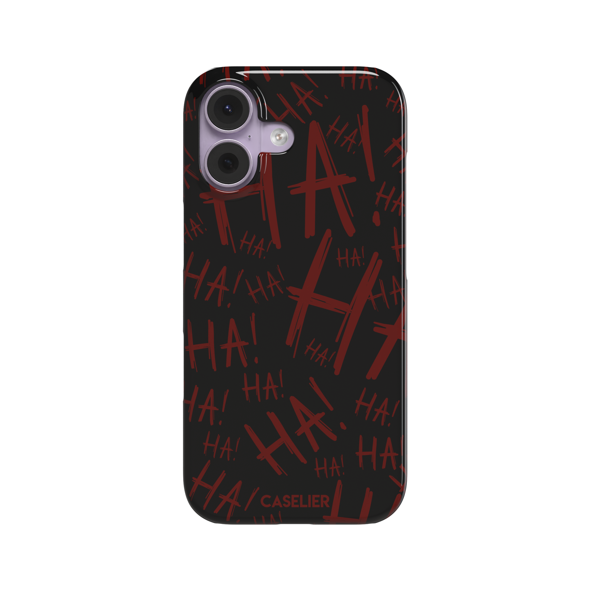 Black phone case covered in chaotic dark-red brushstroke HA! lettering in a horror villain style, phone case by Caselier — snap case, front view