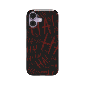 Black phone case covered in chaotic dark-red brushstroke HA! lettering in a horror villain style, phone case by Caselier — snap case, front view