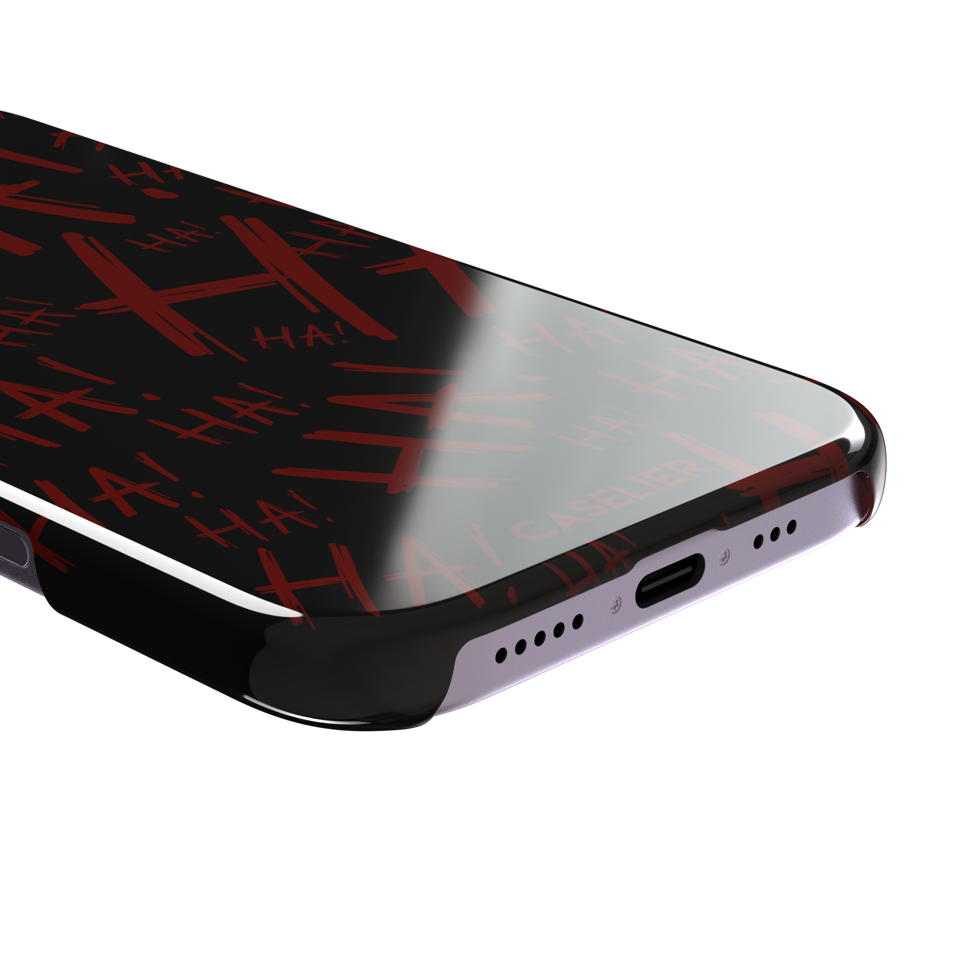 Black phone case covered in chaotic dark-red brushstroke HA! lettering in a horror villain style, phone case by Caselier — snap case, charging port detail