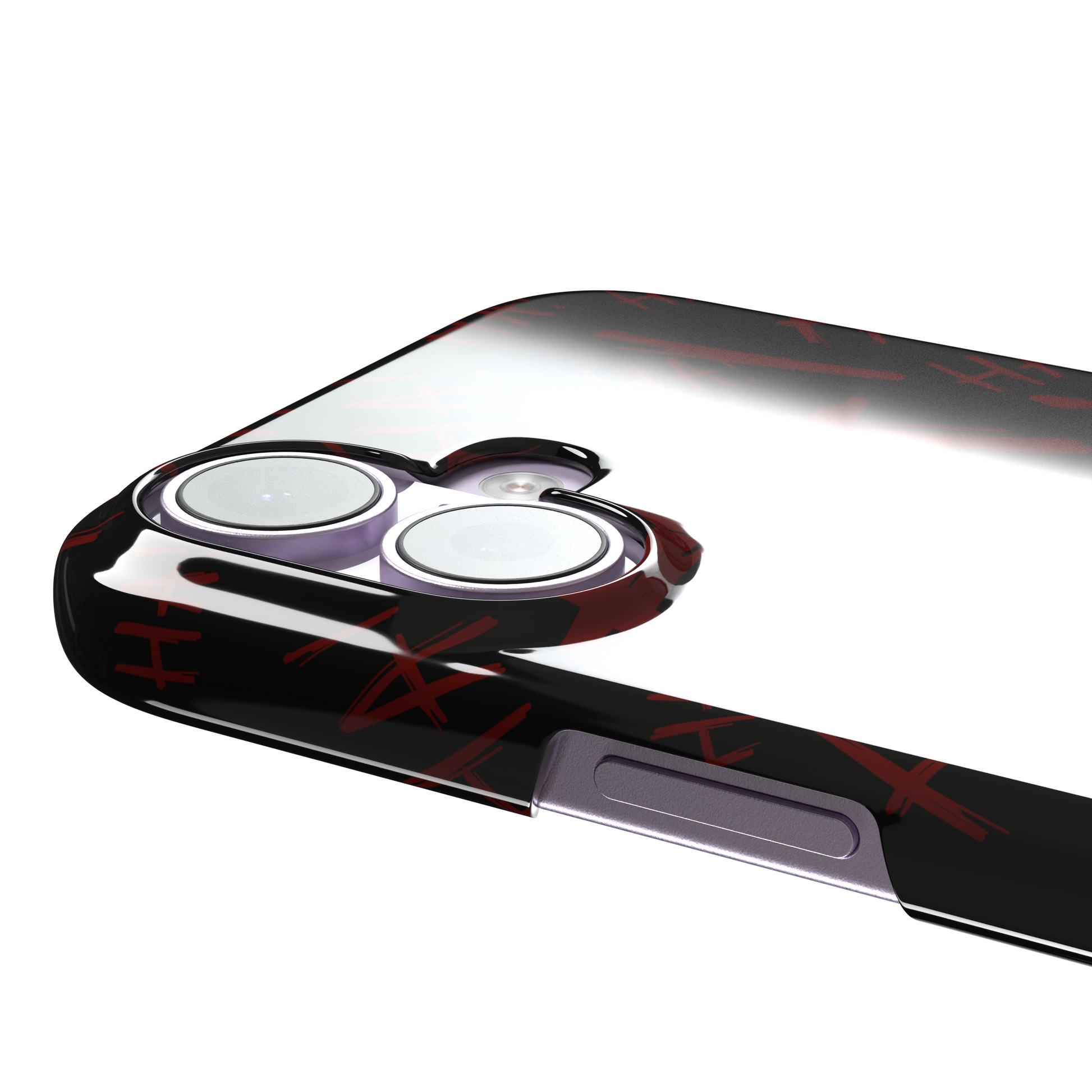Black phone case covered in chaotic dark-red brushstroke HA! lettering in a horror villain style, phone case by Caselier — snap case, volume buttons detail