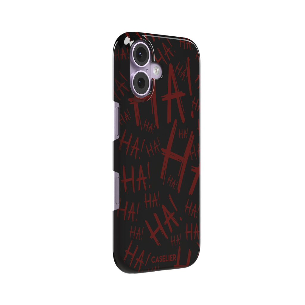 Black phone case covered in chaotic dark-red brushstroke HA! lettering in a horror villain style, phone case by Caselier — snap case, left view