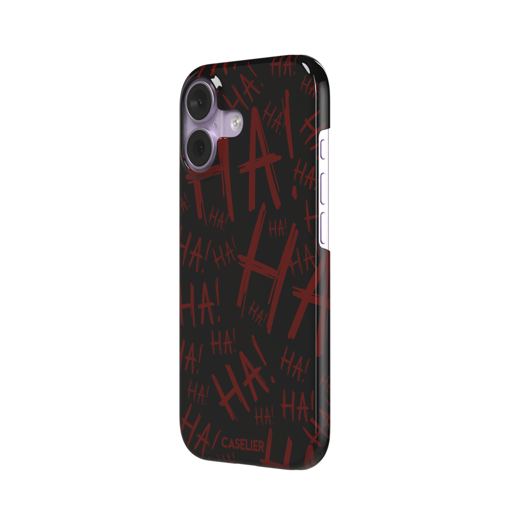 Black phone case covered in chaotic dark-red brushstroke HA! lettering in a horror villain style, phone case by Caselier — snap case, right view