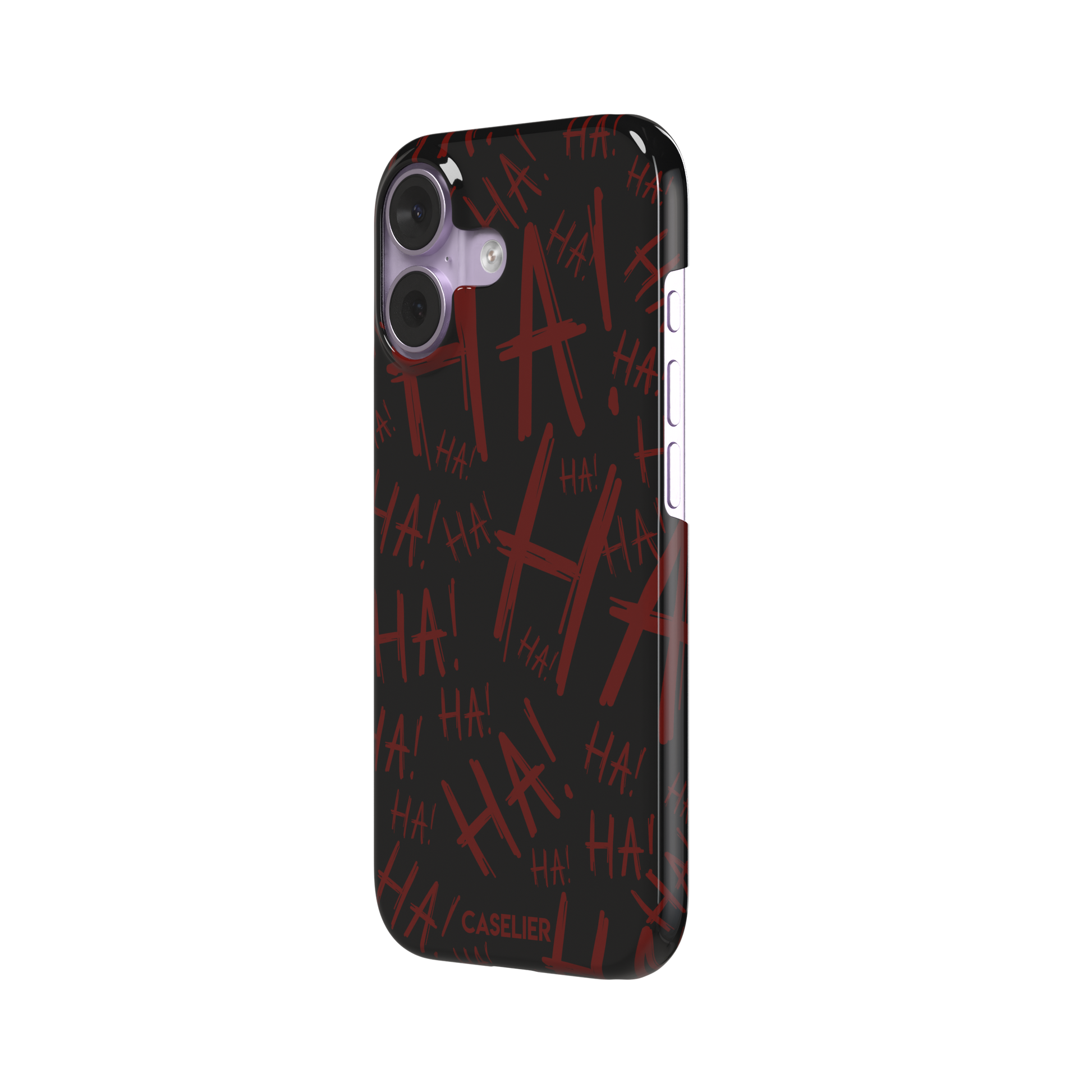 Black phone case covered in chaotic dark-red brushstroke HA! lettering in a horror villain style, phone case by Caselier — snap case, right view