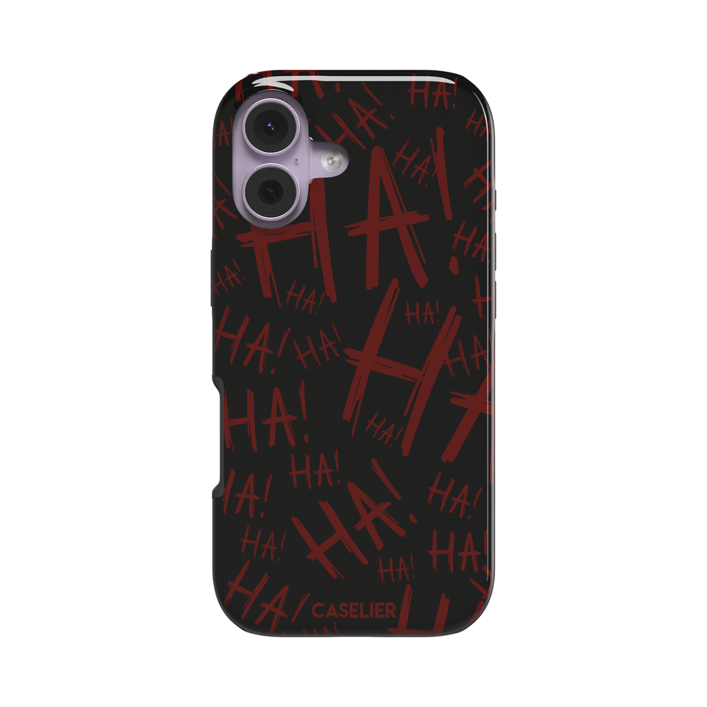 Black phone case covered in chaotic dark-red brushstroke HA! lettering in a horror villain style, phone case by Caselier — tough case, front view