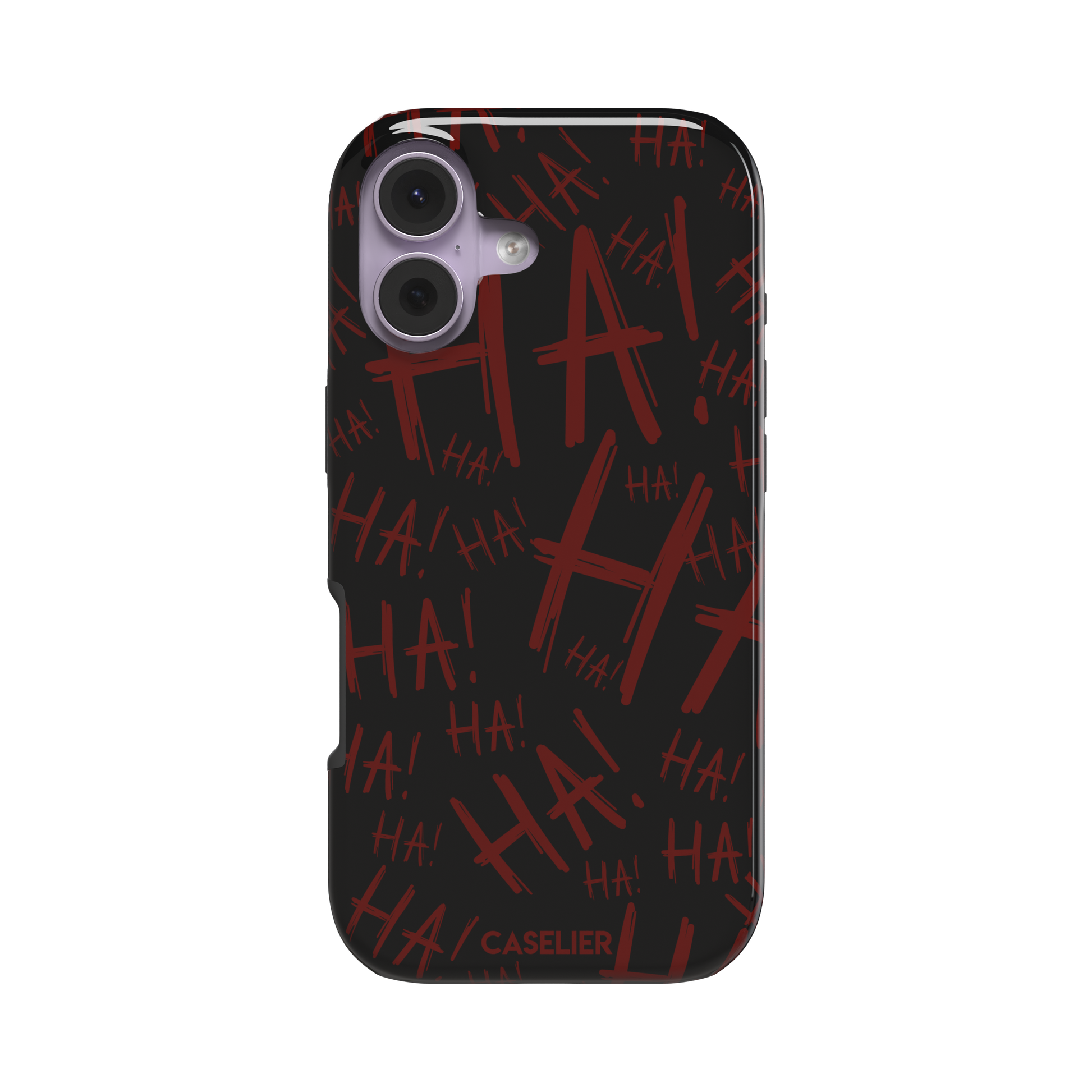 Black phone case covered in chaotic dark-red brushstroke HA! lettering in a horror villain style, phone case by Caselier — tough case, front view