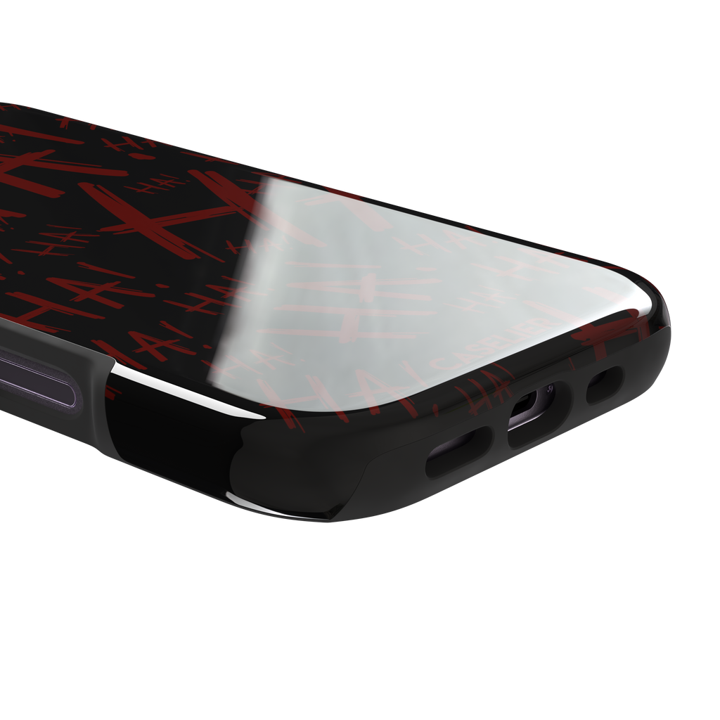 Black phone case covered in chaotic dark-red brushstroke HA! lettering in a horror villain style, phone case by Caselier — tough case, charging port detail