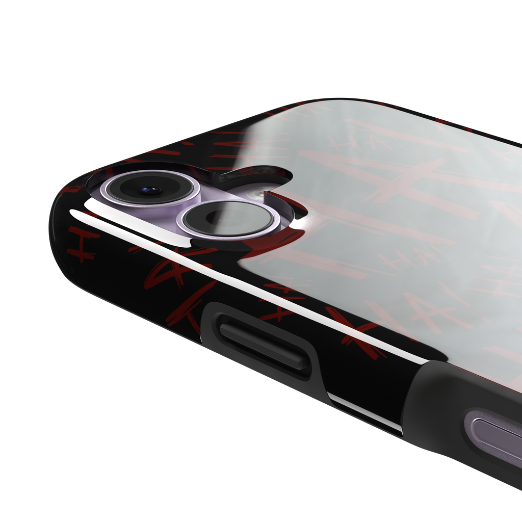 Black phone case covered in chaotic dark-red brushstroke HA! lettering in a horror villain style, phone case by Caselier — tough case, volume buttons detail