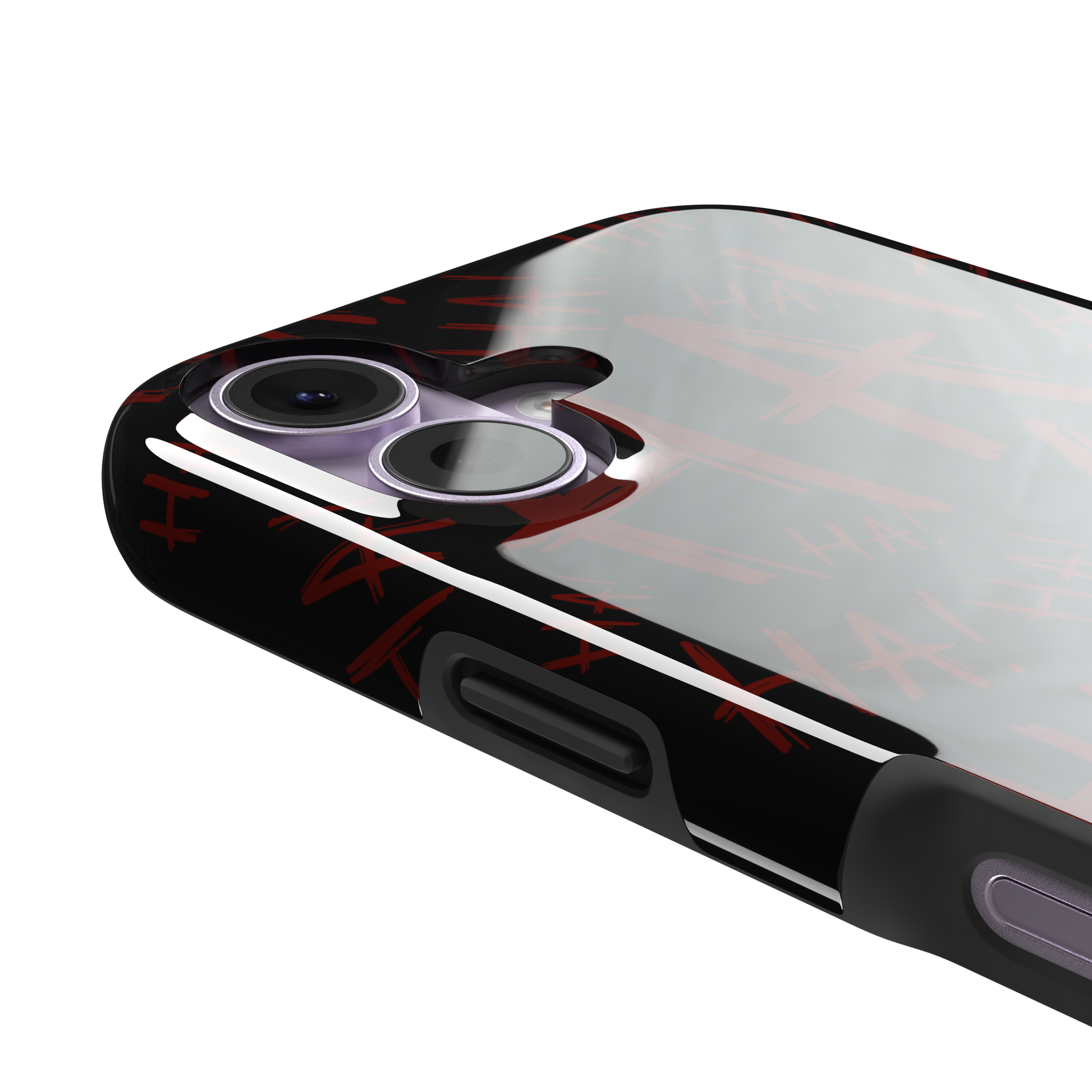 Black phone case covered in chaotic dark-red brushstroke HA! lettering in a horror villain style, phone case by Caselier — tough case, volume buttons detail