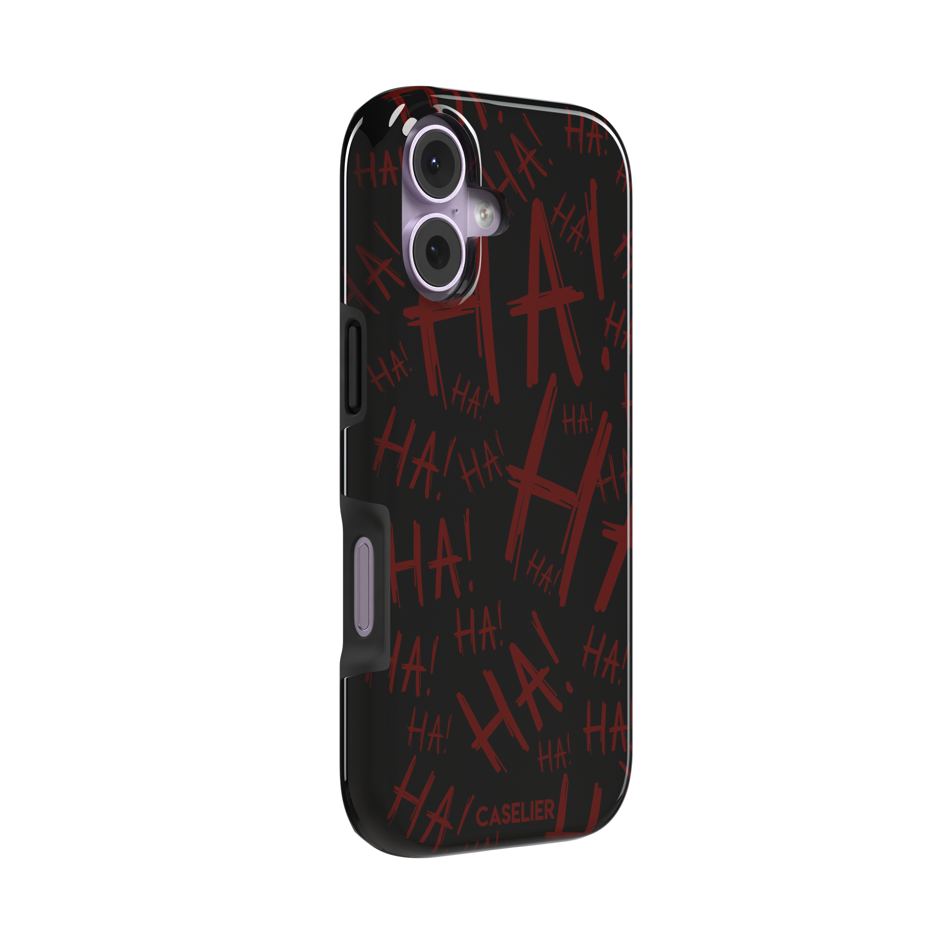 Black phone case covered in chaotic dark-red brushstroke HA! lettering in a horror villain style, phone case by Caselier — tough case, left view