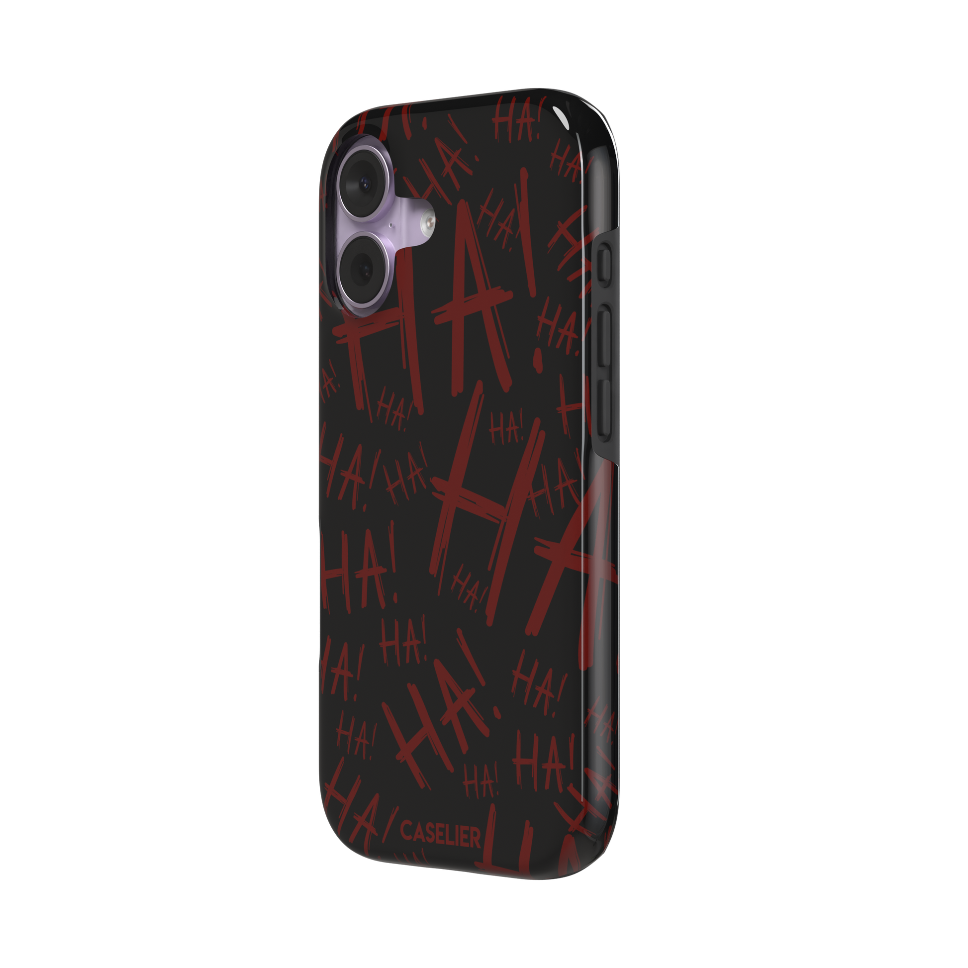 Black phone case covered in chaotic dark-red brushstroke HA! lettering in a horror villain style, phone case by Caselier — tough case, right view