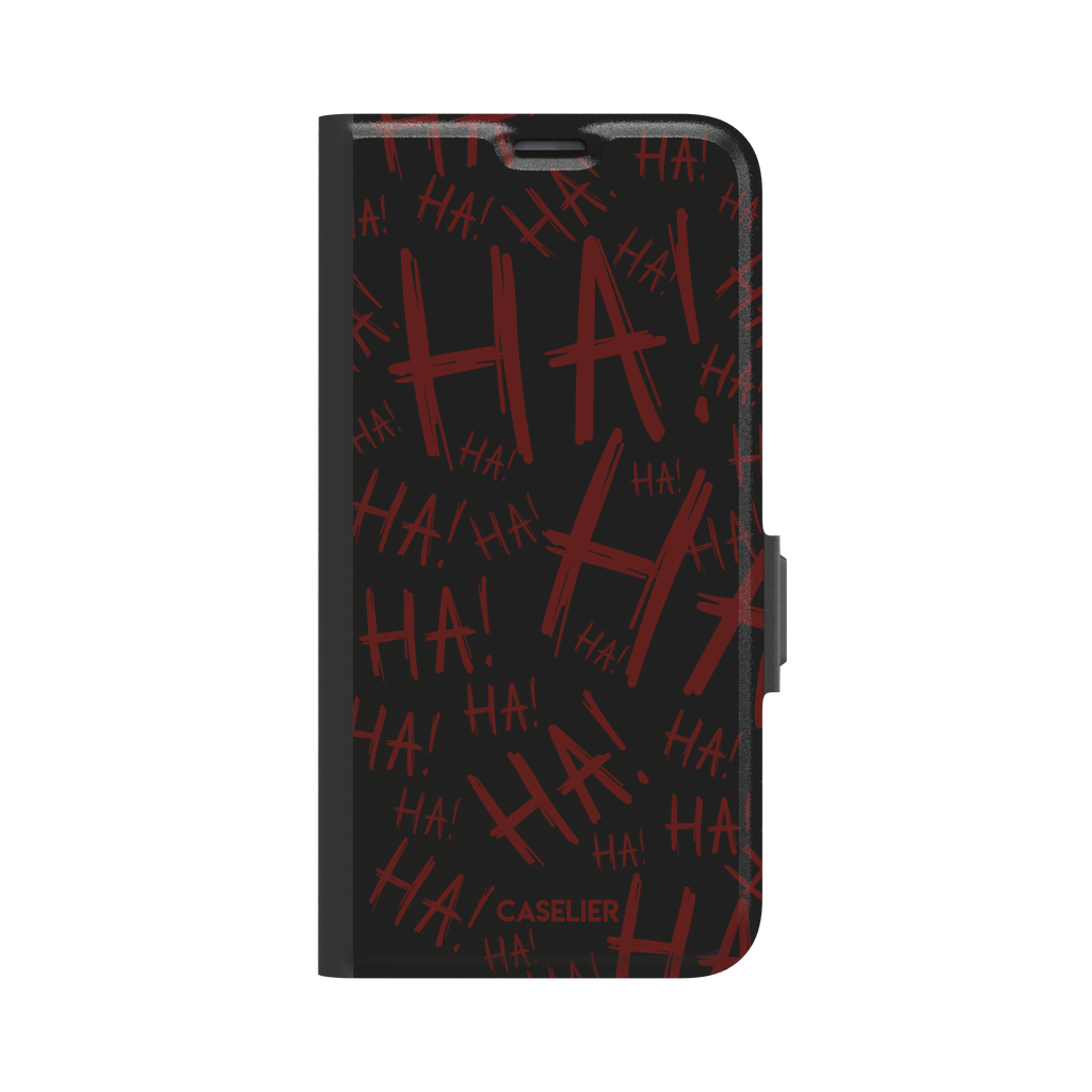 Black phone case covered in chaotic dark-red brushstroke HA! lettering in a horror villain style, phone case by Caselier — wallet case, front view