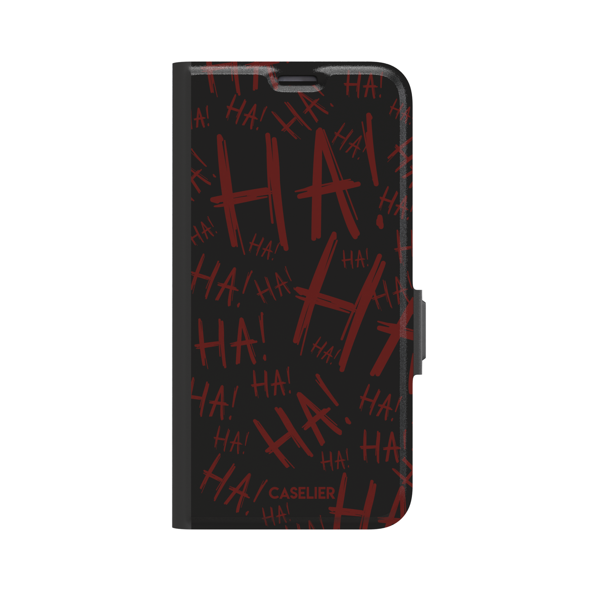 Black phone case covered in chaotic dark-red brushstroke HA! lettering in a horror villain style, phone case by Caselier — wallet case, front view
