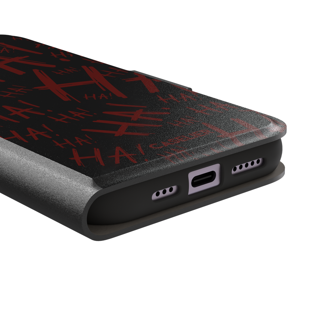 Black phone case covered in chaotic dark-red brushstroke HA! lettering in a horror villain style, phone case by Caselier — wallet case, charging port detail