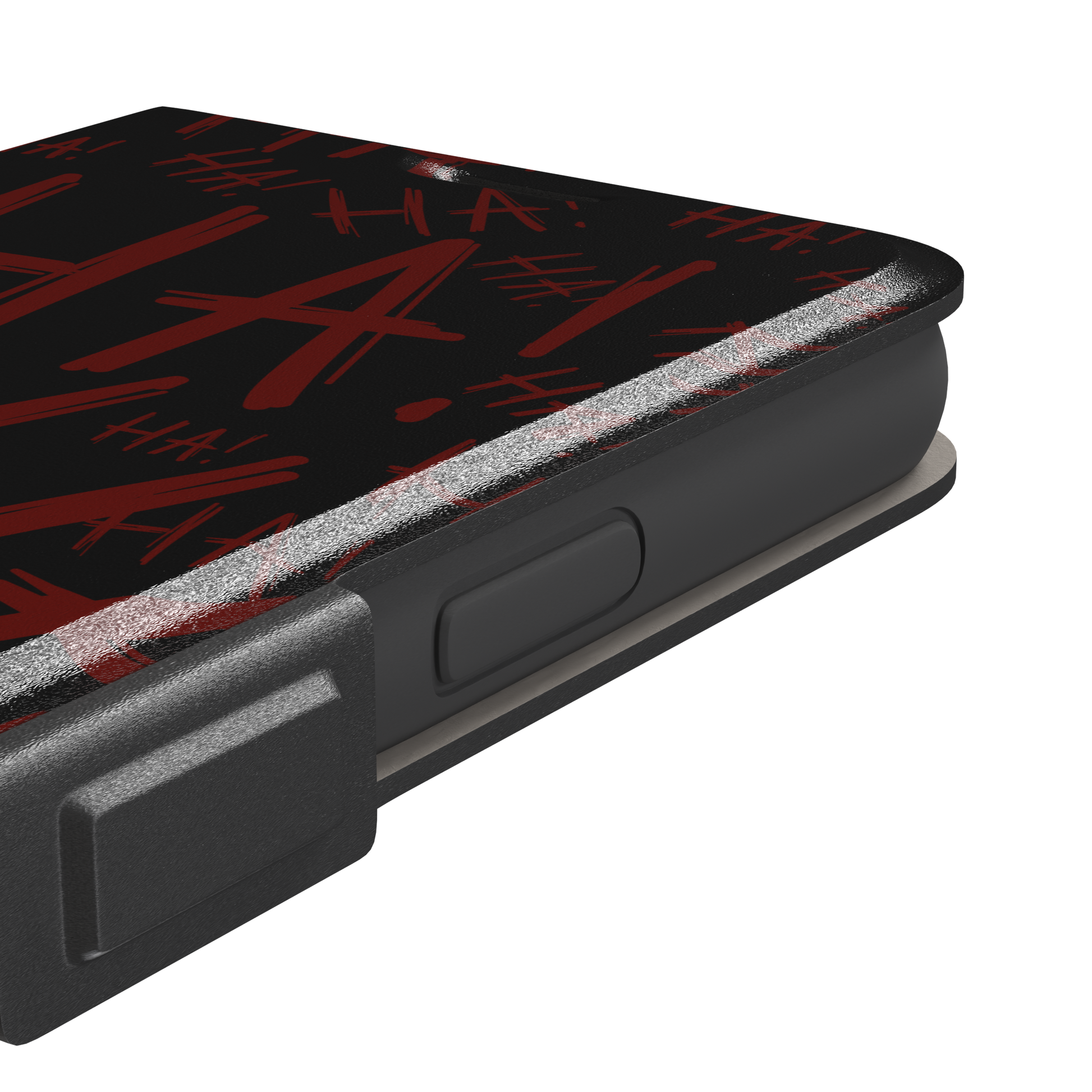 Black phone case covered in chaotic dark-red brushstroke HA! lettering in a horror villain style, phone case by Caselier — wallet case, volume buttons detail