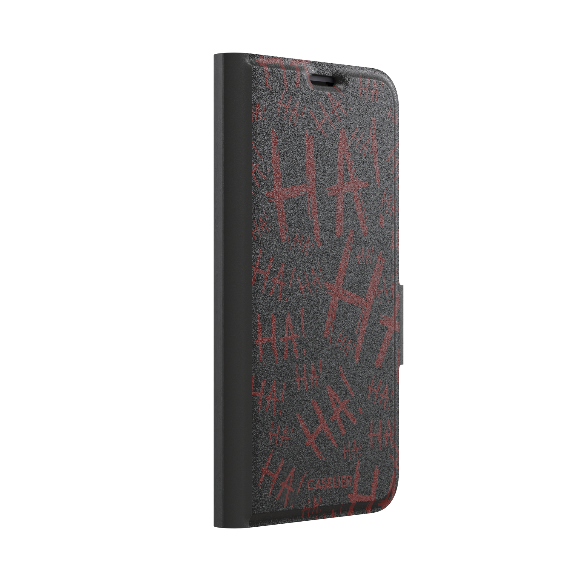 Black phone case covered in chaotic dark-red brushstroke HA! lettering in a horror villain style, phone case by Caselier — wallet case, left view