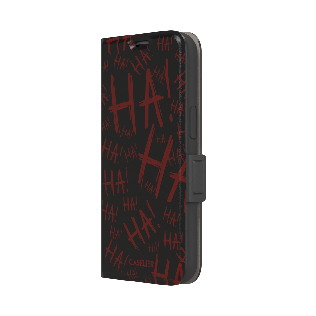 Black phone case covered in chaotic dark-red brushstroke HA! lettering in a horror villain style, phone case by Caselier — wallet case, right view